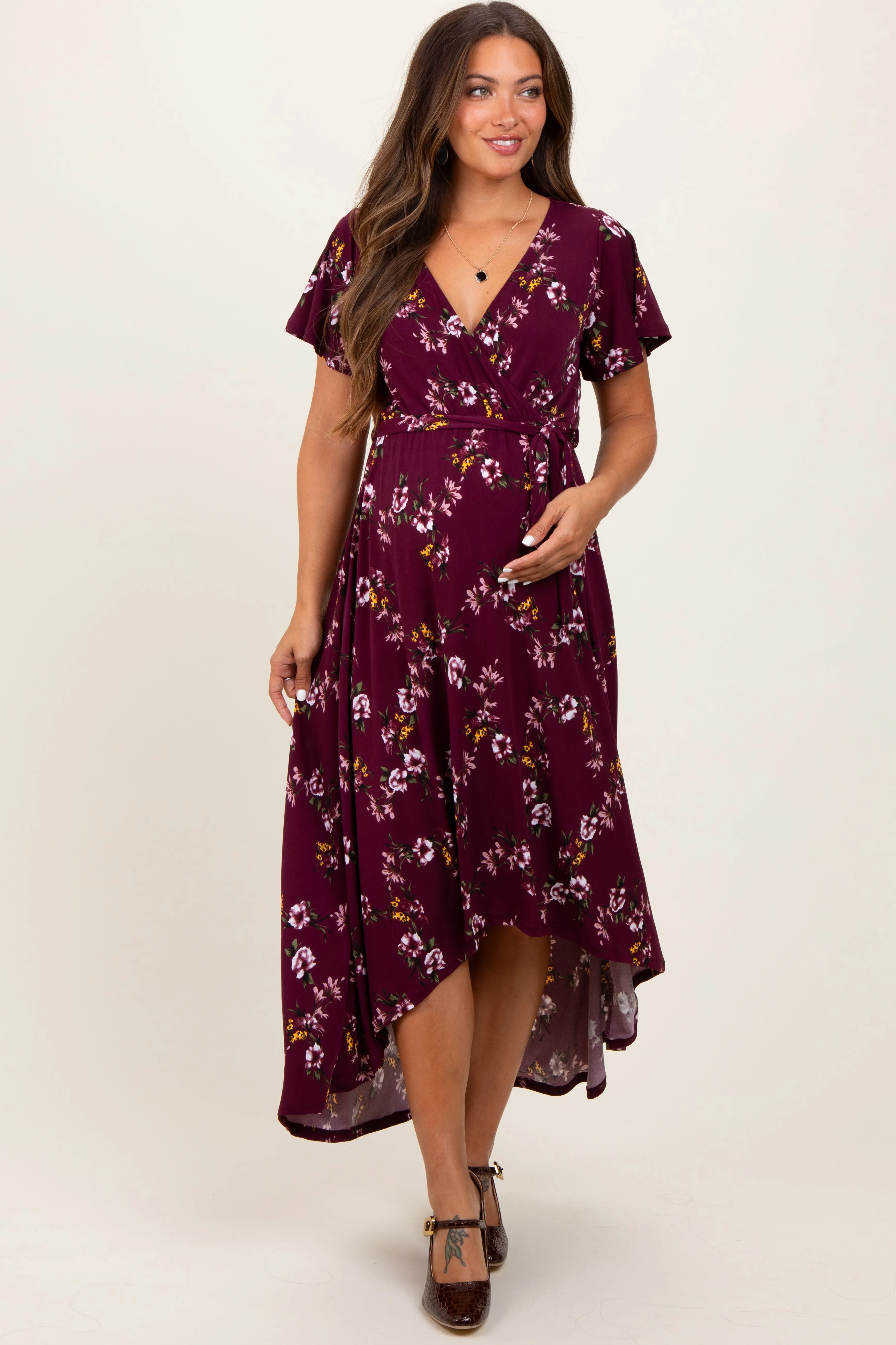 Burgundy Floral Short Sleeve Wrap Hi-Low Maternity Maxi Dress sold by Pinkblush product image thumbnail 3