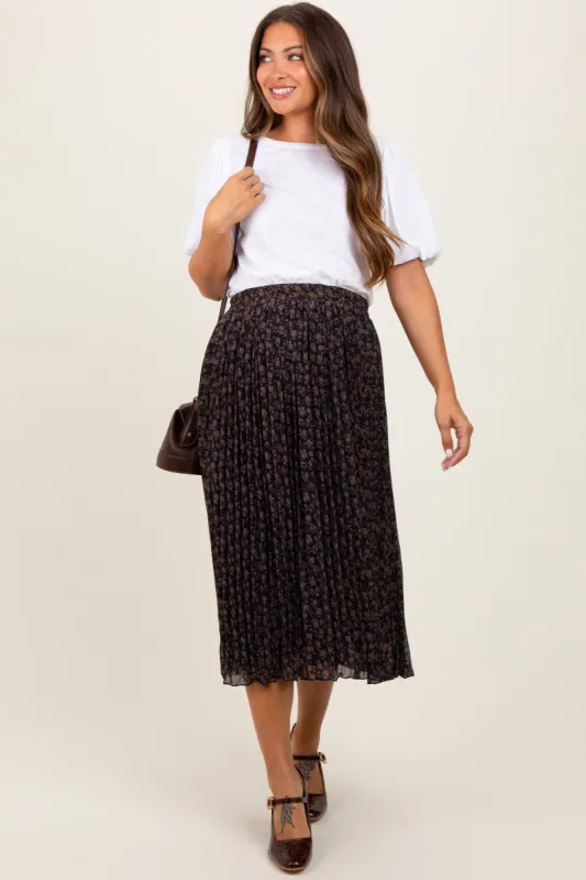 Navy Blue Floral Print Chiffon Pleated Maternity Midi Skirt sold by Pinkblush