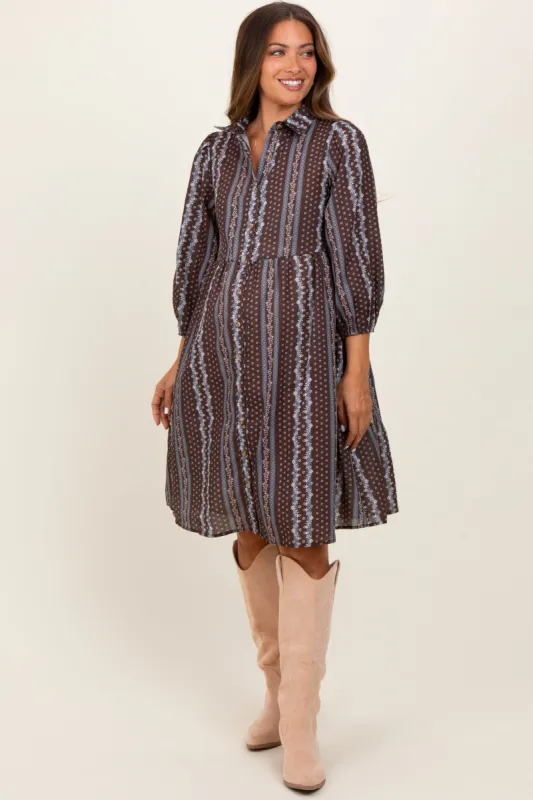 Brown Floral Striped Button Down Maternity Midi Dress sold by Pinkblush