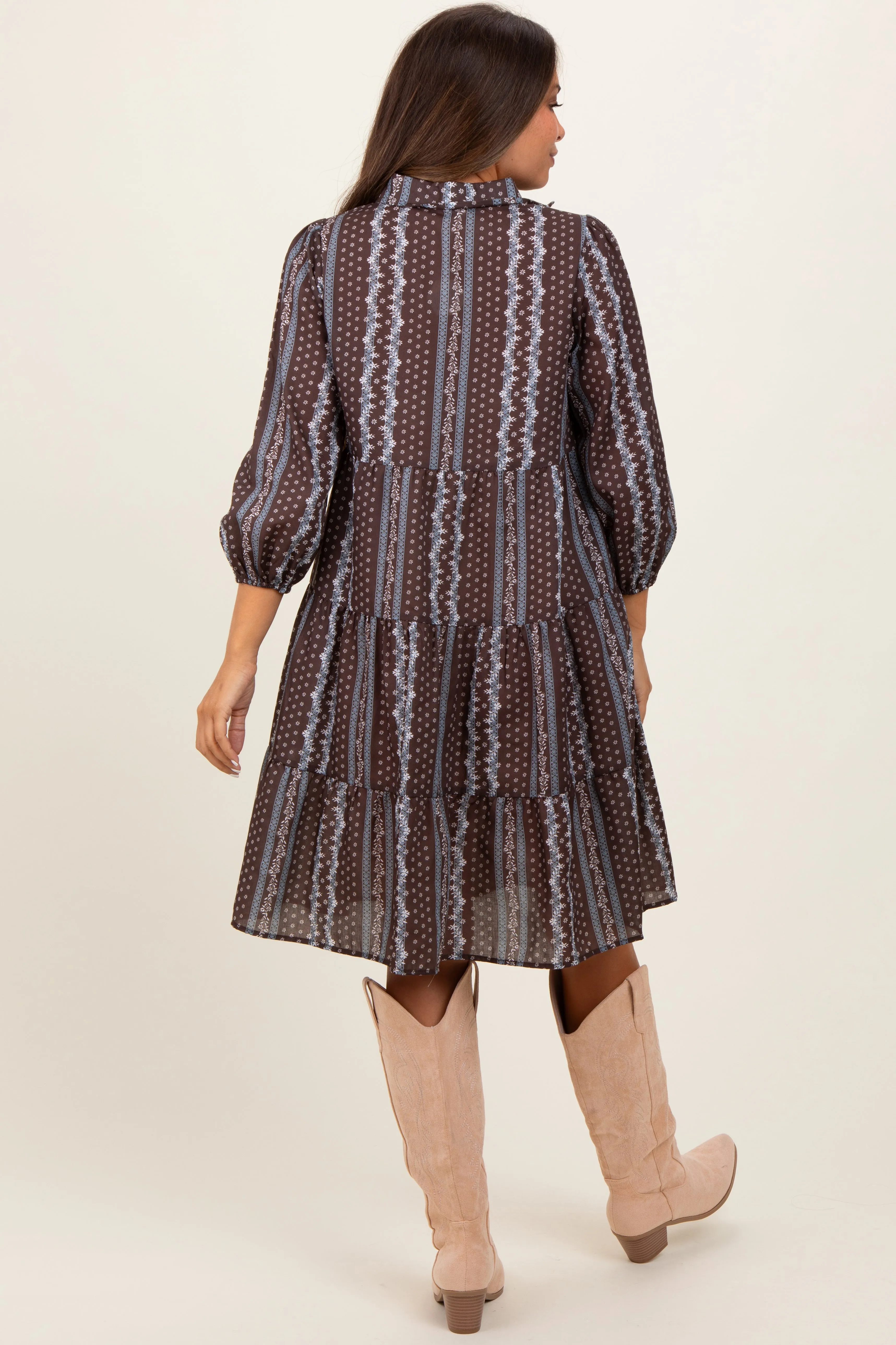 Brown Floral Striped Button Down Maternity Midi Dress sold by Pinkblush product image thumbnail 2