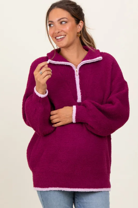 Magenta Soft Fuzzy Knit Quarter Zip Maternity Pullover Sweater sold by Pinkblush