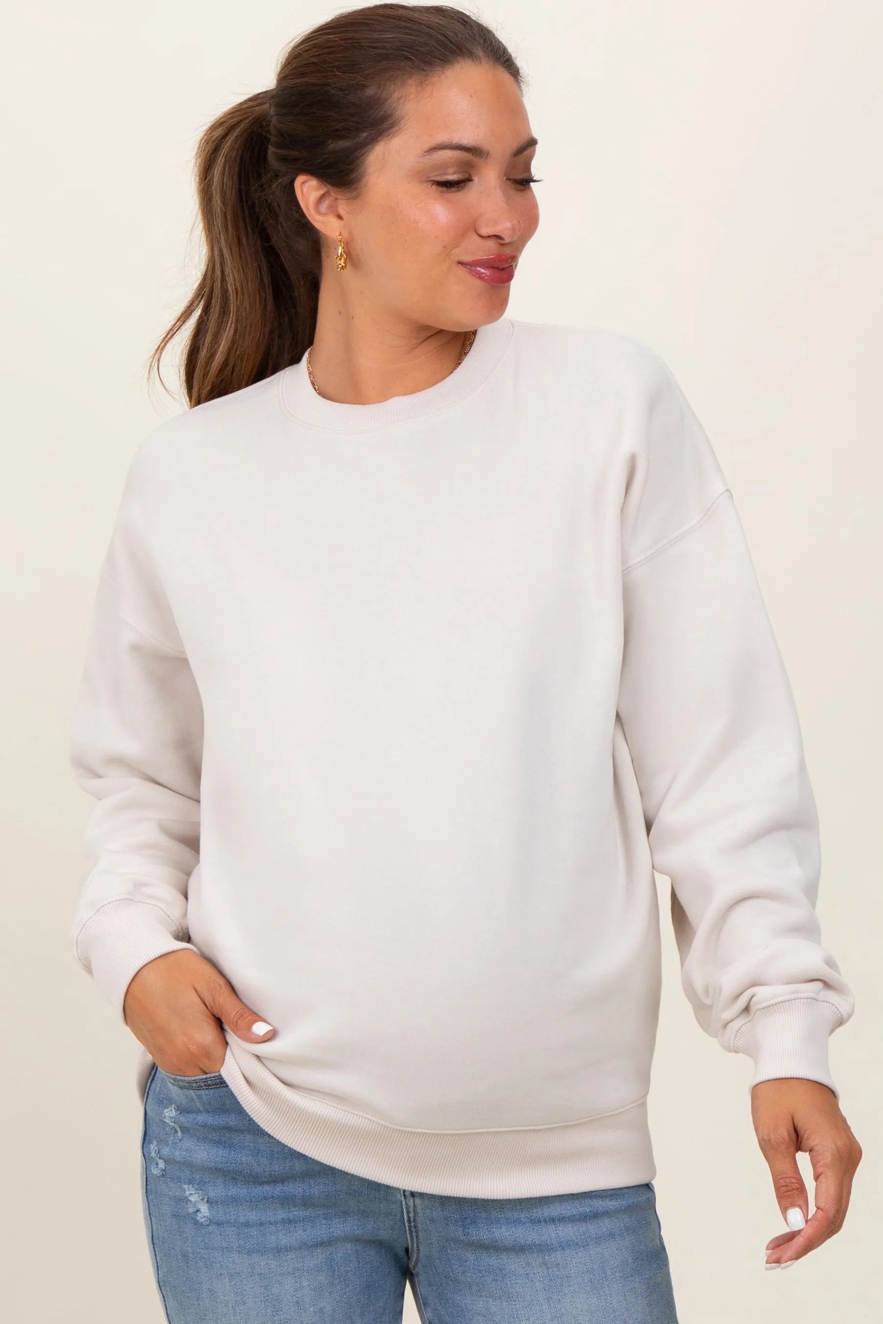 Cream Fleece Crew Neck Relaxed Fit Maternity Sweatshirt sold by Pinkblush product image thumbnail 2