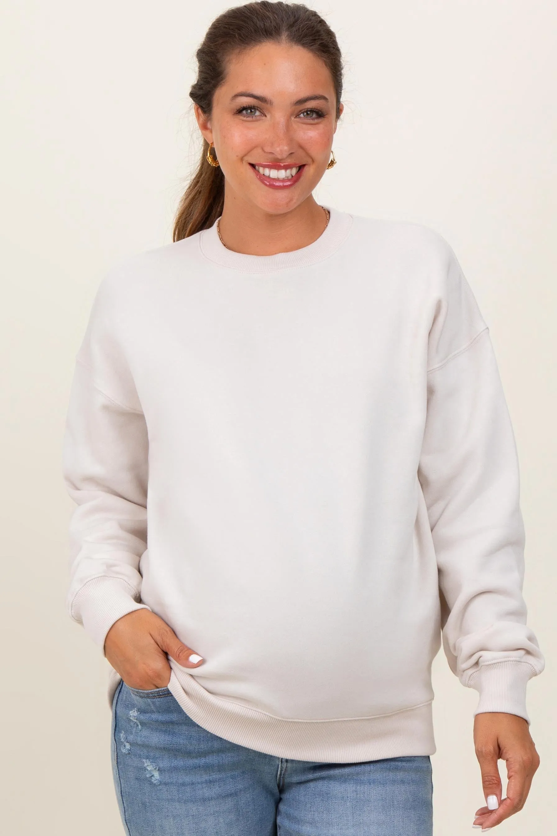 Cream Fleece Crew Neck Relaxed Fit Maternity Sweatshirt sold by Pinkblush