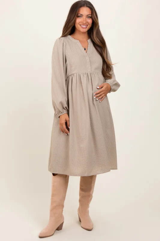 Taupe Pin Stripe Split Neckline Maternity Midi Dress sold by Pinkblush