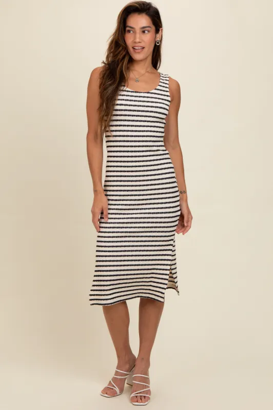 Navy Blue Striped Side Slit Midi Dress sold by Pinkblush