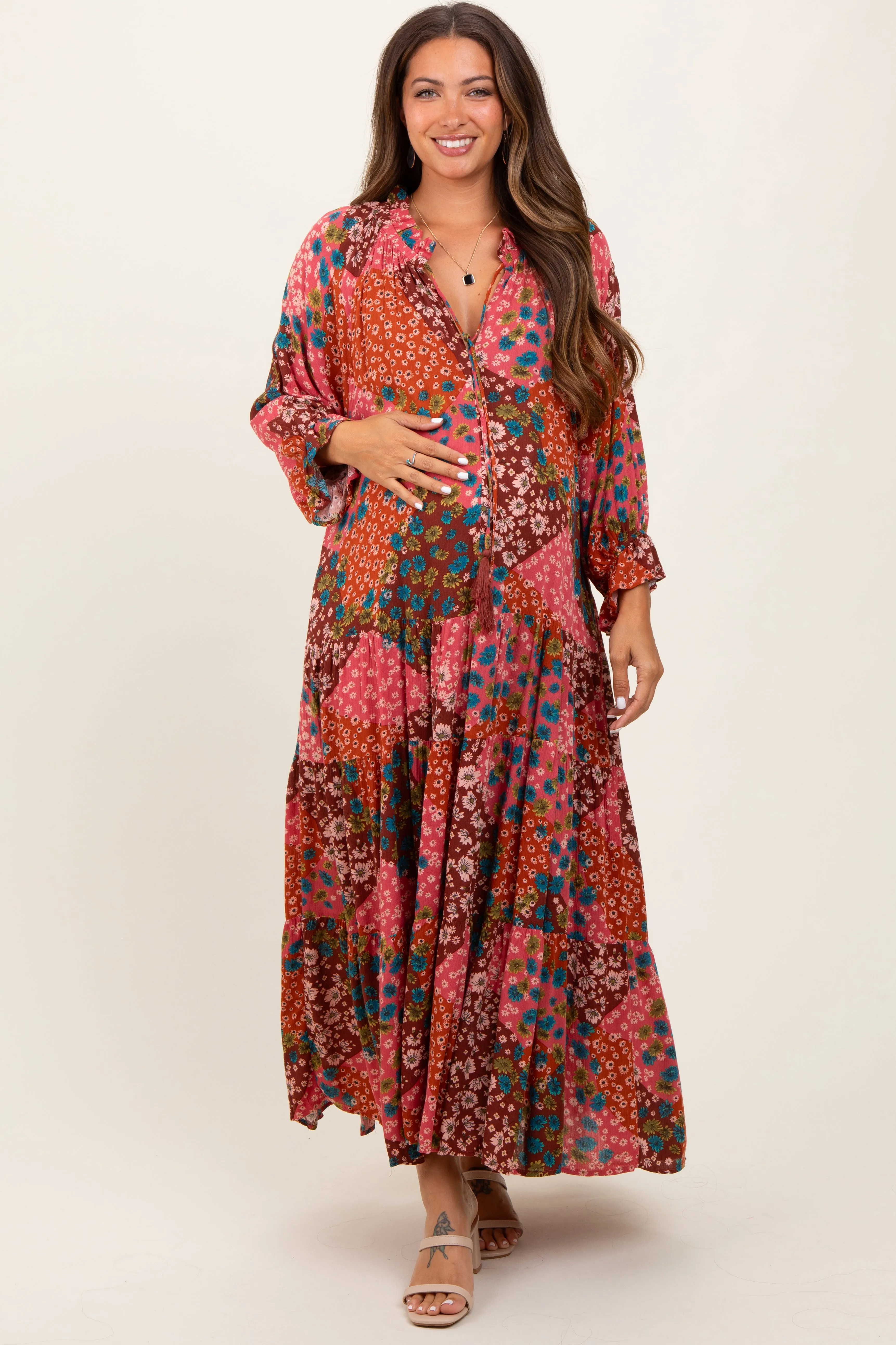 Fuchsia Floral Patchwork Front Tie Maternity Maxi Dress sold by Pinkblush