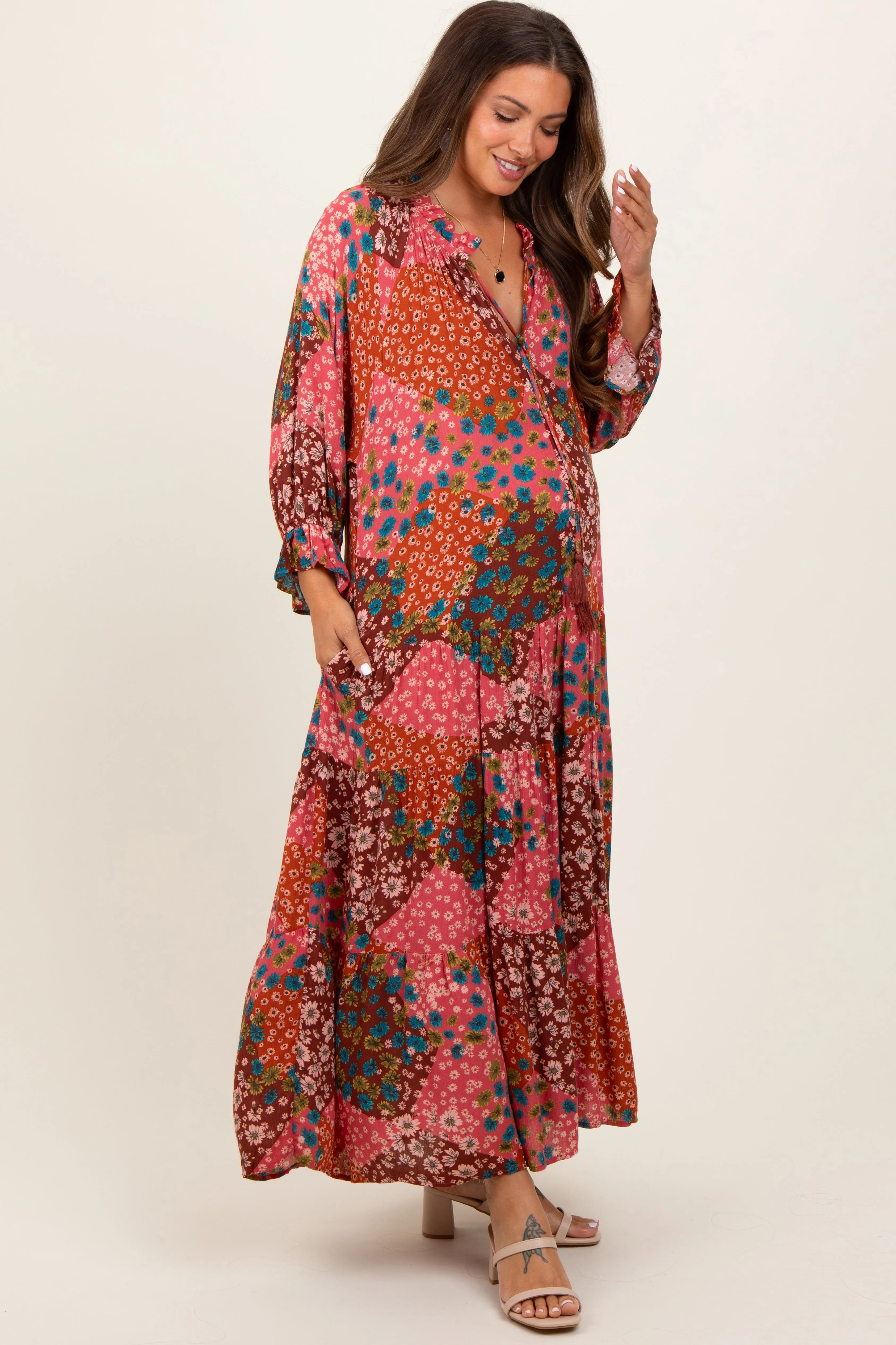 Fuchsia Floral Patchwork Front Tie Maternity Maxi Dress sold by Pinkblush product image thumbnail 2