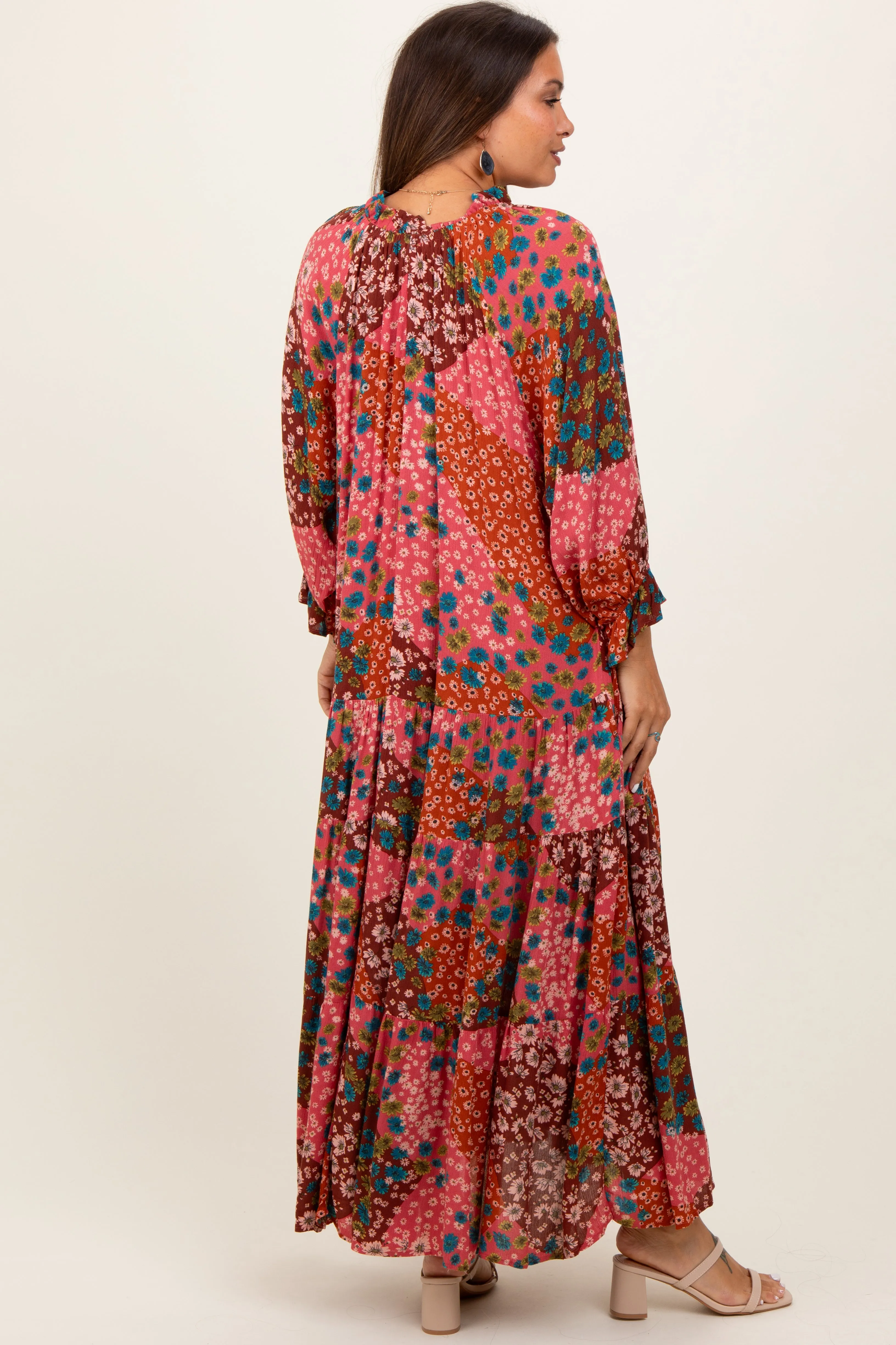 Fuchsia Floral Patchwork Front Tie Maternity Maxi Dress sold by Pinkblush product image thumbnail 3