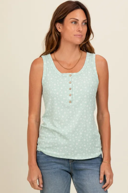 Mint Green Floral Ribbed Henley Tank Top sold by Pinkblush