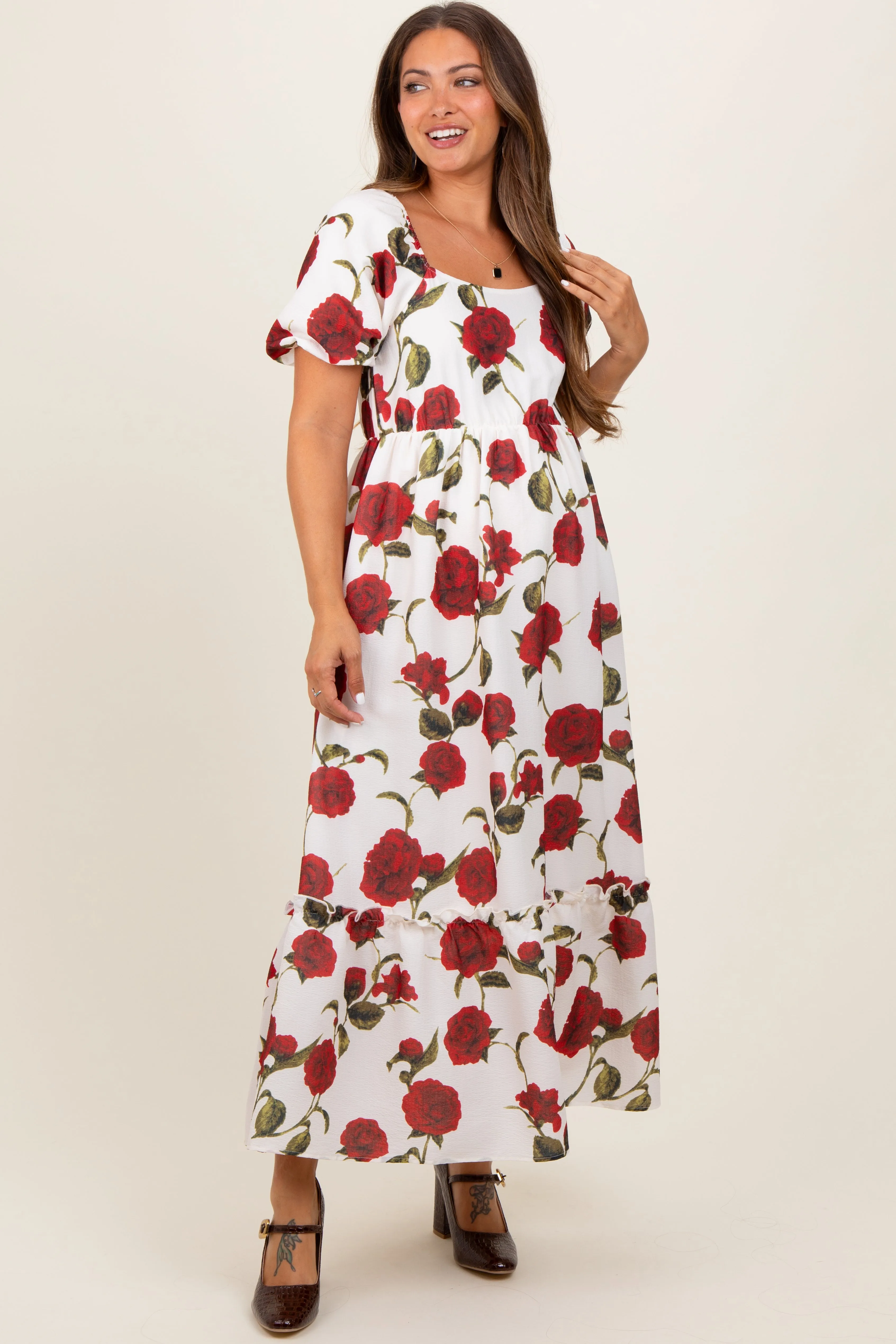 Cream Floral Square Neck Short Puff Sleeve Maternity Midi Dress sold by Pinkblush product image thumbnail 2