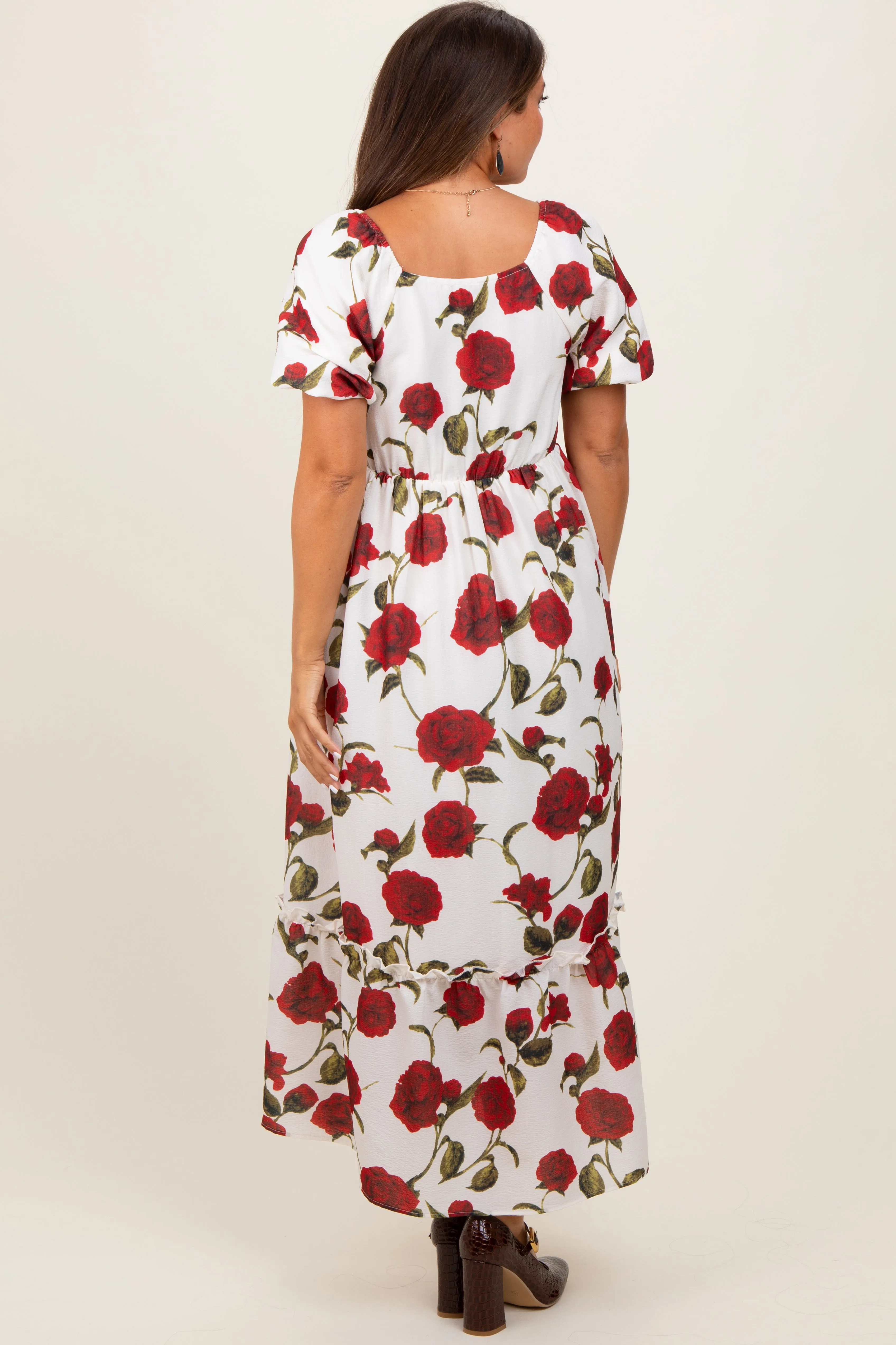 Cream Floral Square Neck Short Puff Sleeve Maternity Midi Dress sold by Pinkblush product image thumbnail 3
