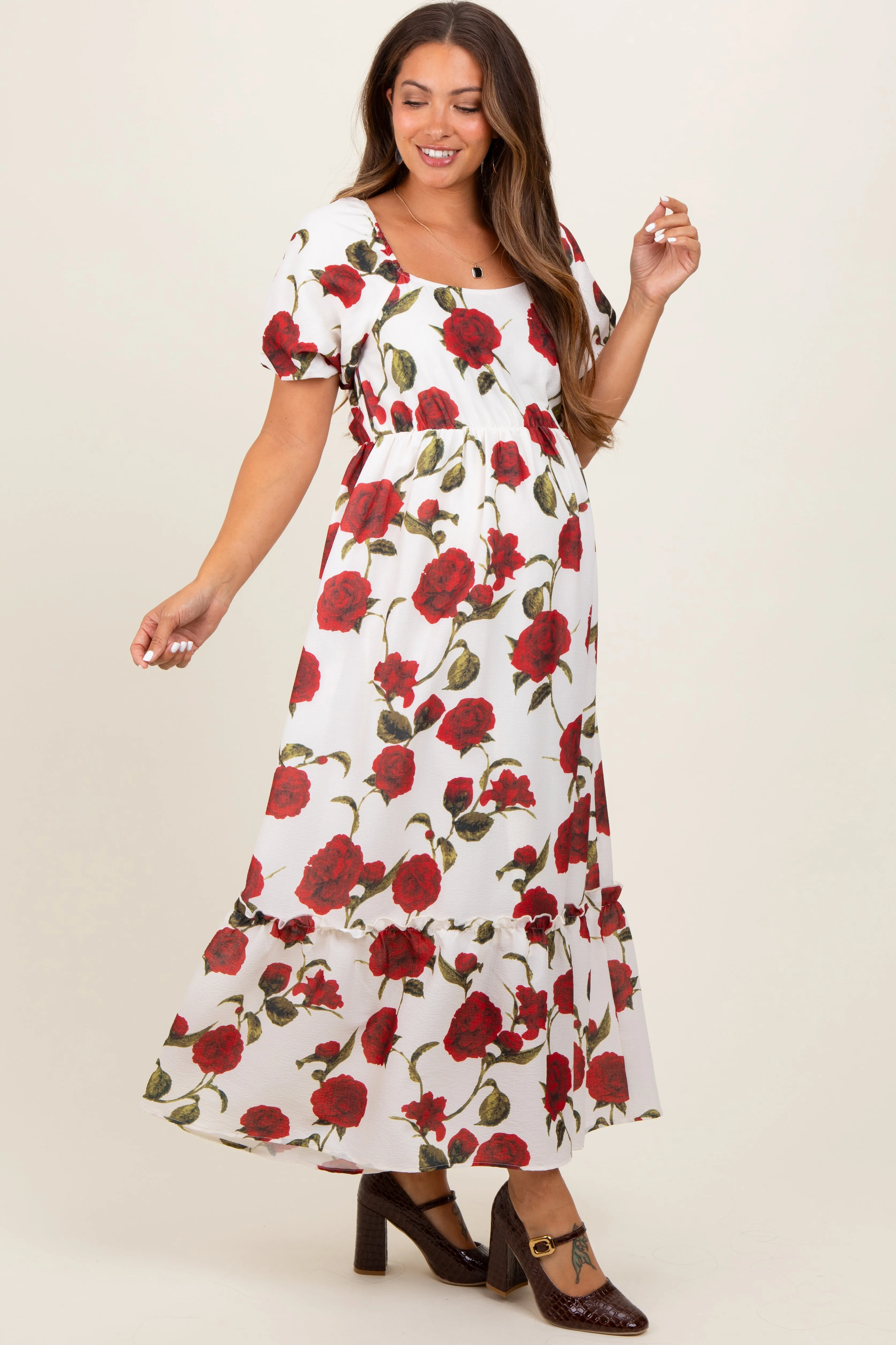 Cream Floral Square Neck Short Puff Sleeve Maternity Midi Dress sold by Pinkblush