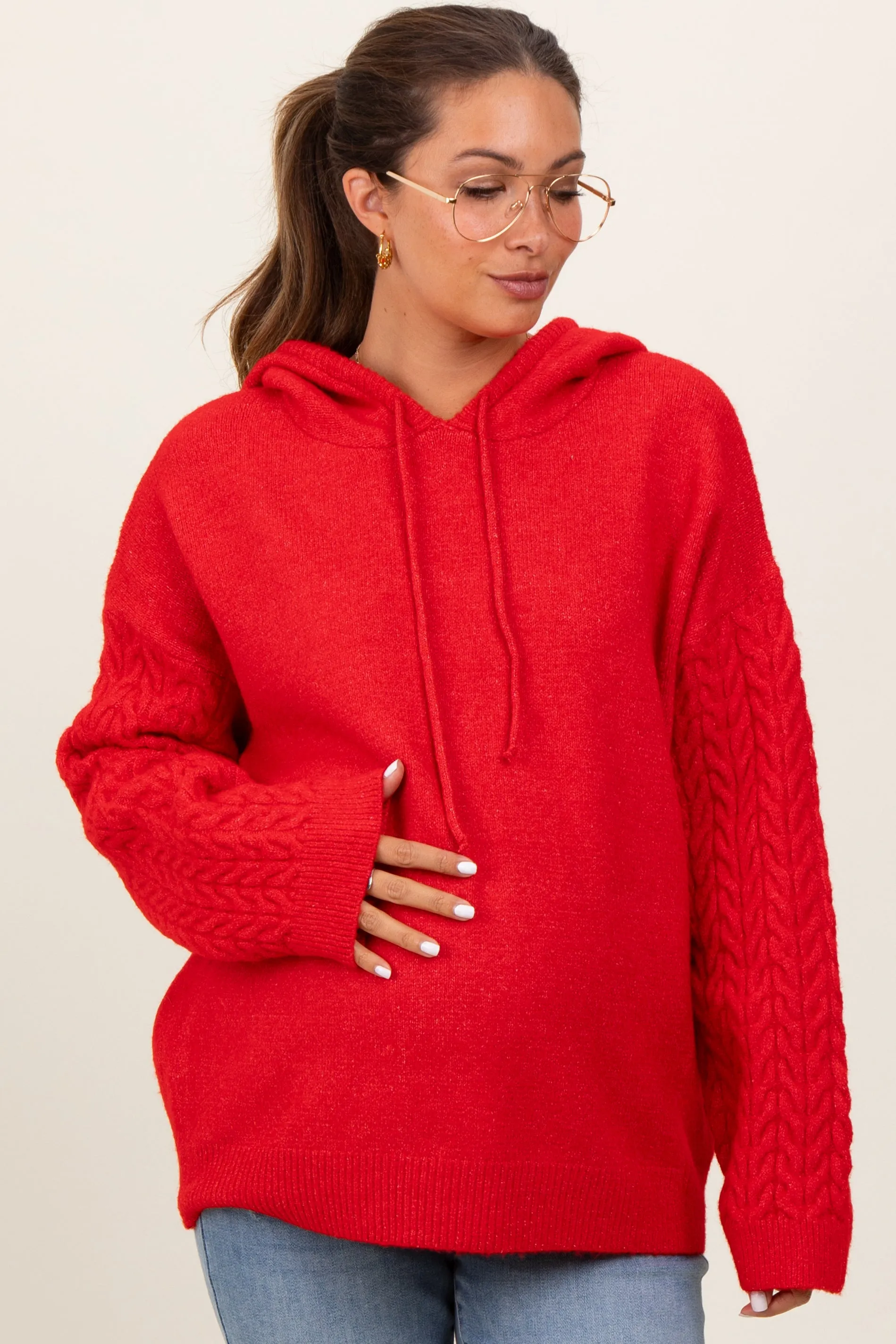 Red Mixed Knit Maternity Hooded Sweater sold by Pinkblush