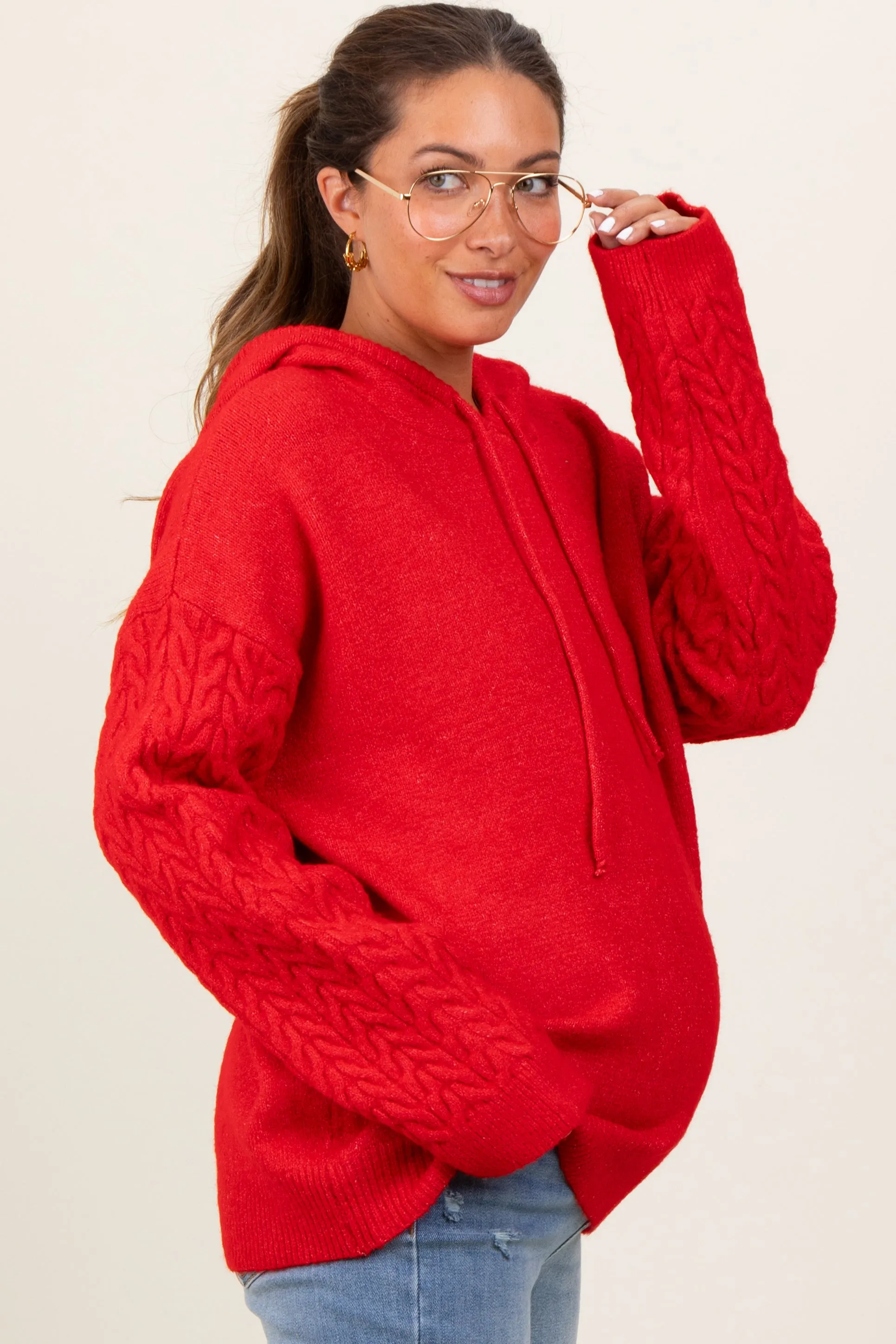 Red Mixed Knit Maternity Hooded Sweater sold by Pinkblush product image thumbnail 2