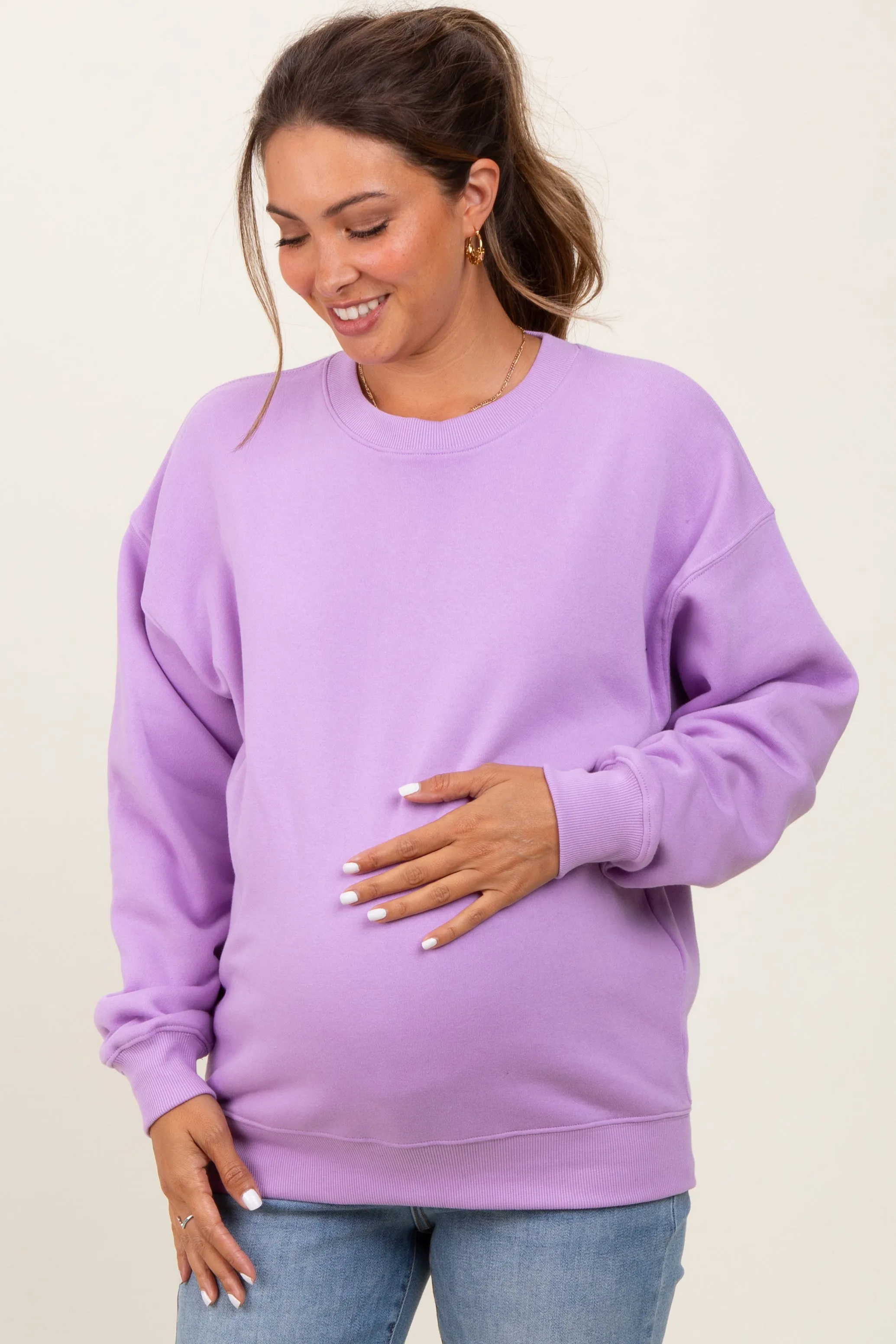 Lavender Fleece Crew Neck Relaxed Fit Maternity Sweatshirt sold by Pinkblush