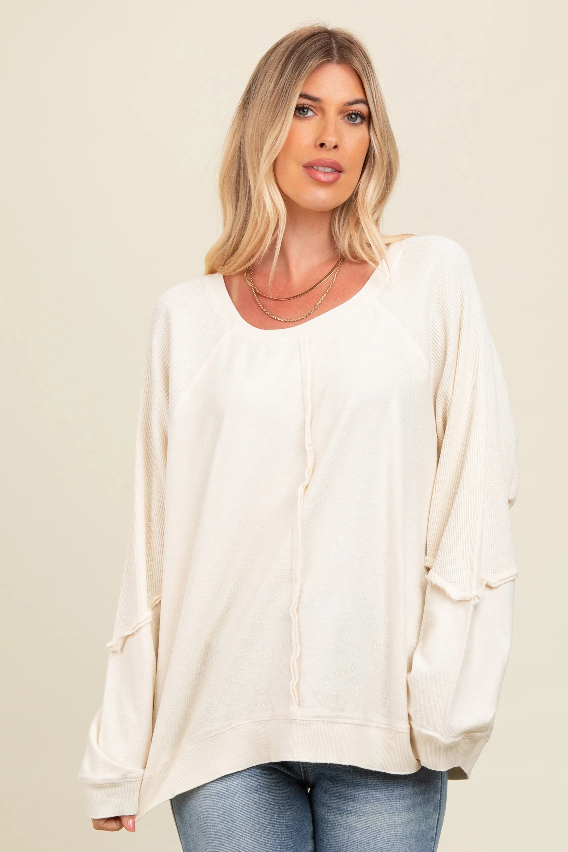 Cream Mixed Knit Raw Hem Pullover Top sold by Pinkblush product image thumbnail 2