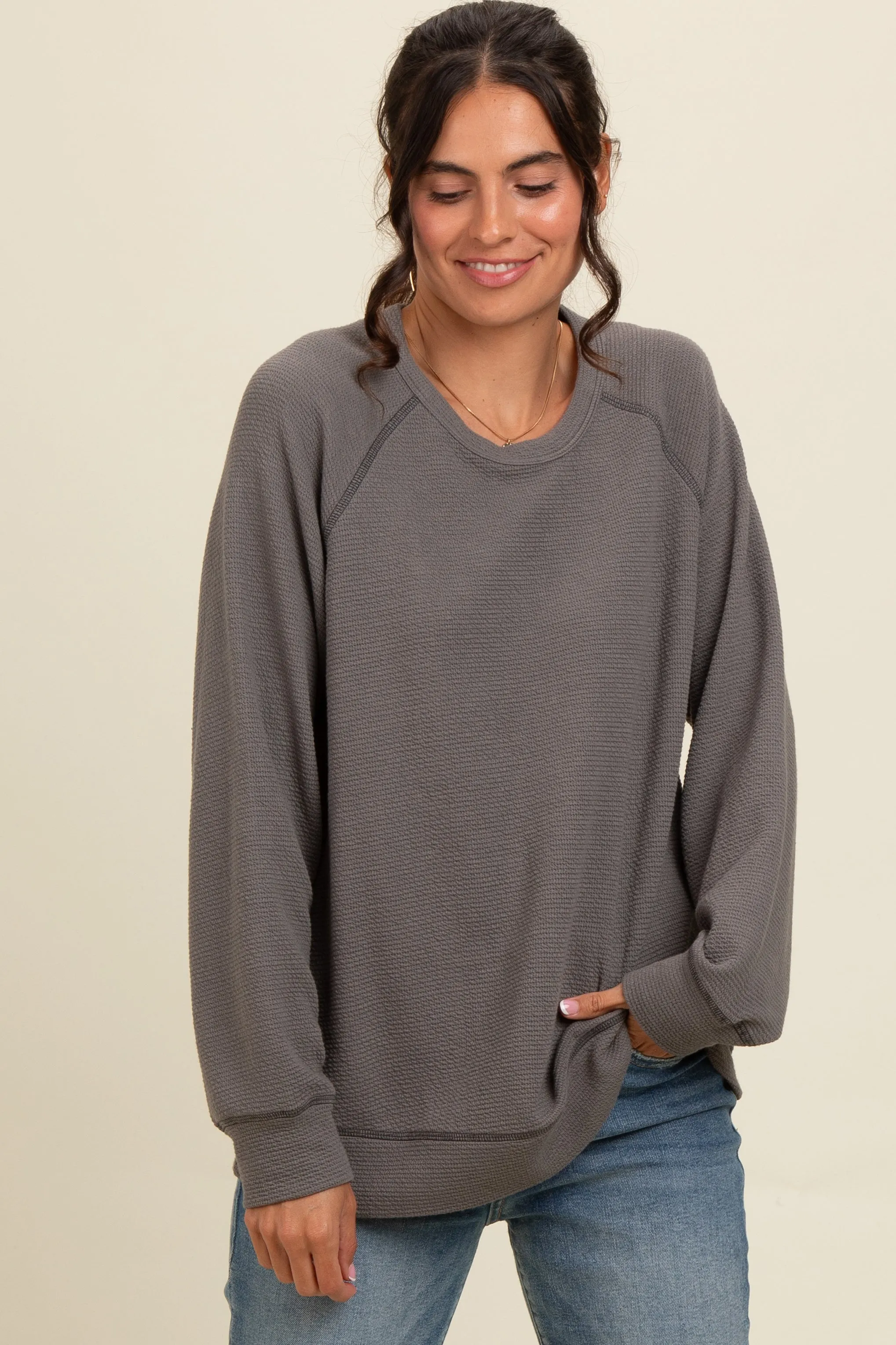 Charcoal Crewneck Waffle Knit Pullover Top sold by Pinkblush product image thumbnail 2