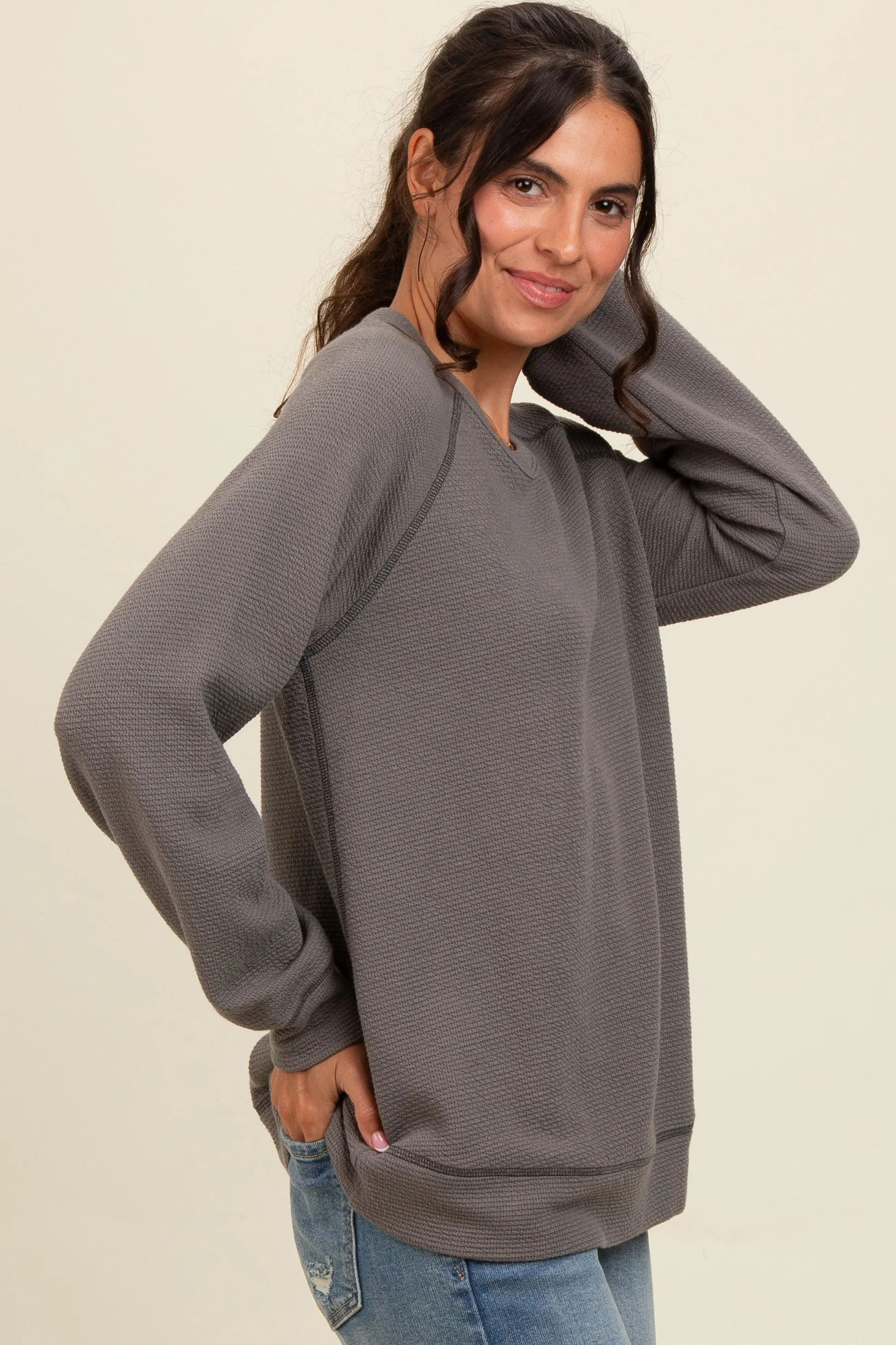 Charcoal Crewneck Waffle Knit Pullover Top sold by Pinkblush product image thumbnail 3