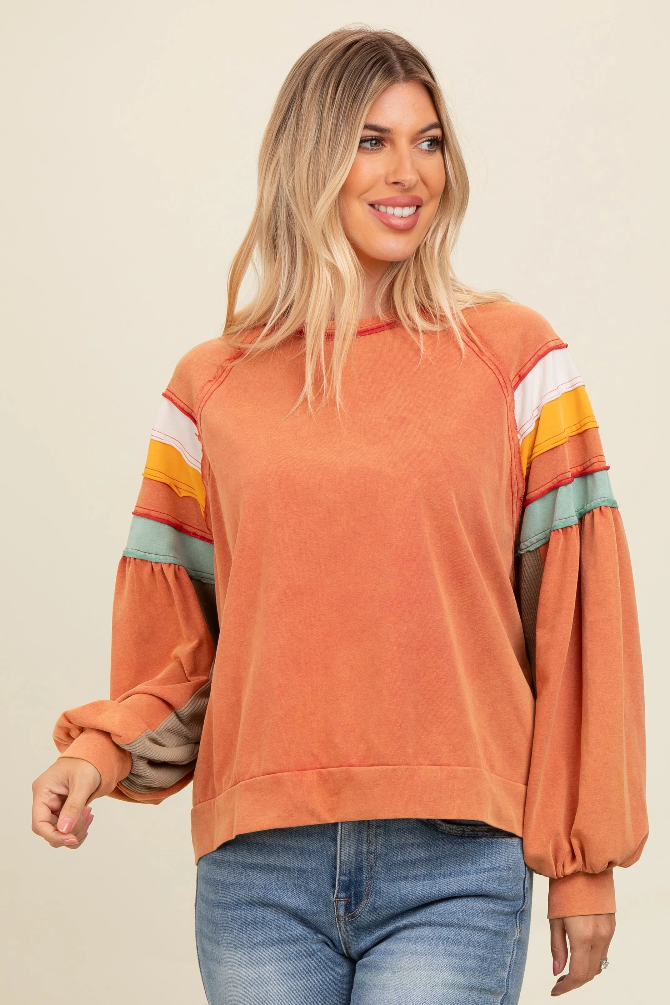 Orange Colorblock Bubble Sleeve Pullover sold by Pinkblush