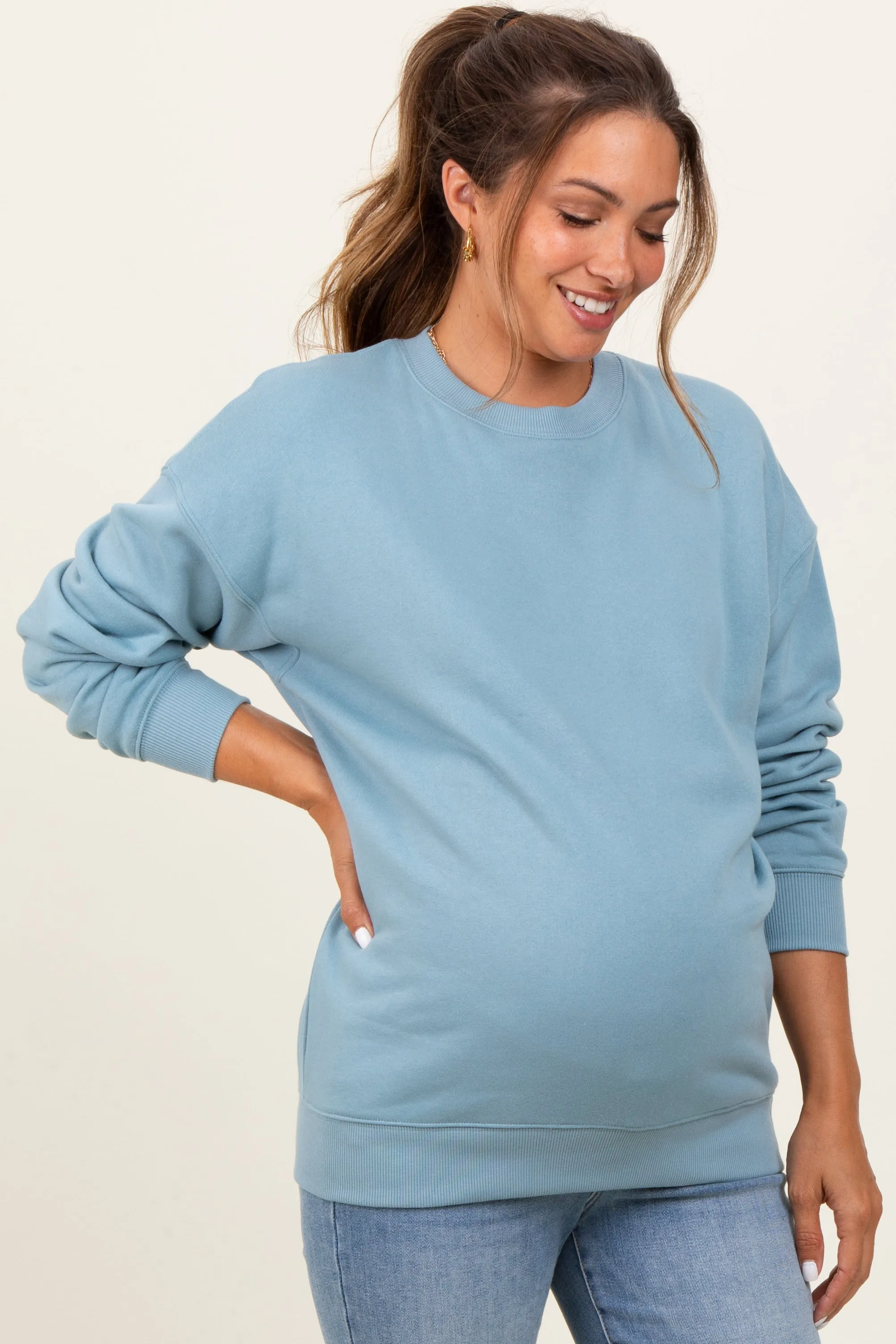 Light Blue Fleece Crew Neck Relaxed Fit Maternity Sweatshirt sold by Pinkblush