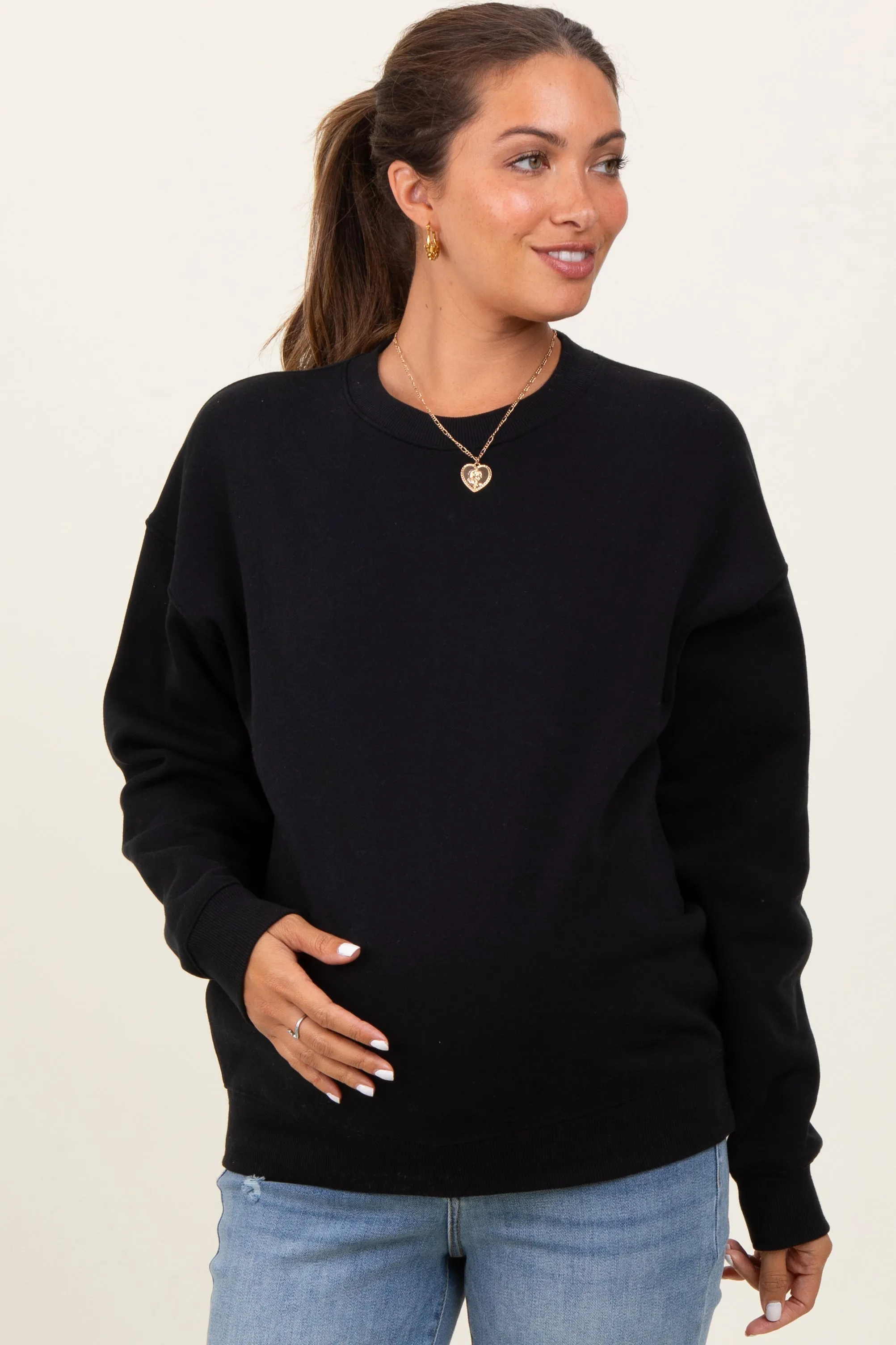 Black Fleece Crew Neck Relaxed Fit Maternity Sweatshirt sold by Pinkblush