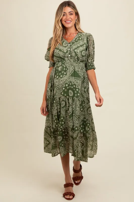 Green Paisley Button Front V-Neck Tiered Maternity Midi Dress sold by Pinkblush