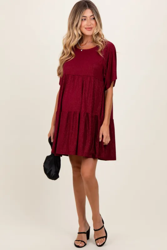 Burgundy Glitter Flutter Sleeve Tiered Maternity Dress sold by Pinkblush