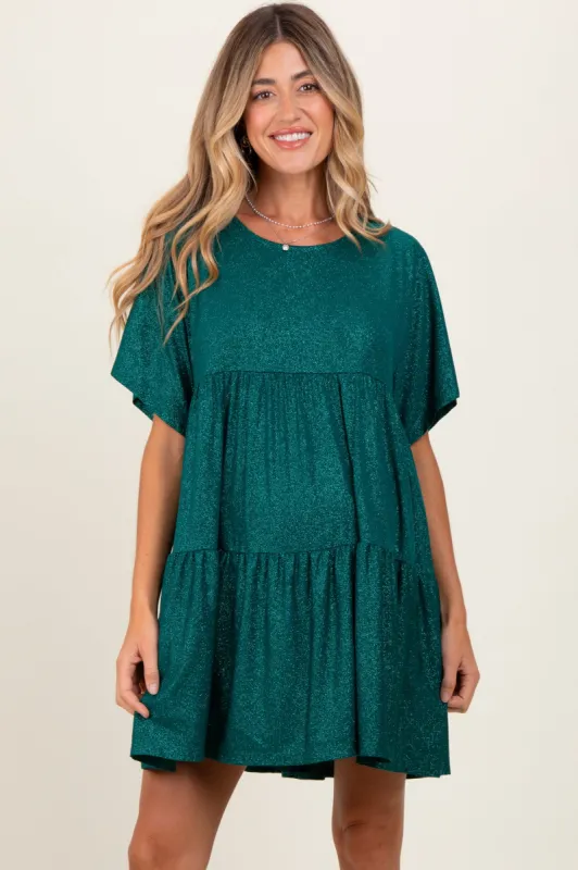 Forest Green Glitter Flutter Sleeve Tiered Maternity Dress sold by Pinkblush