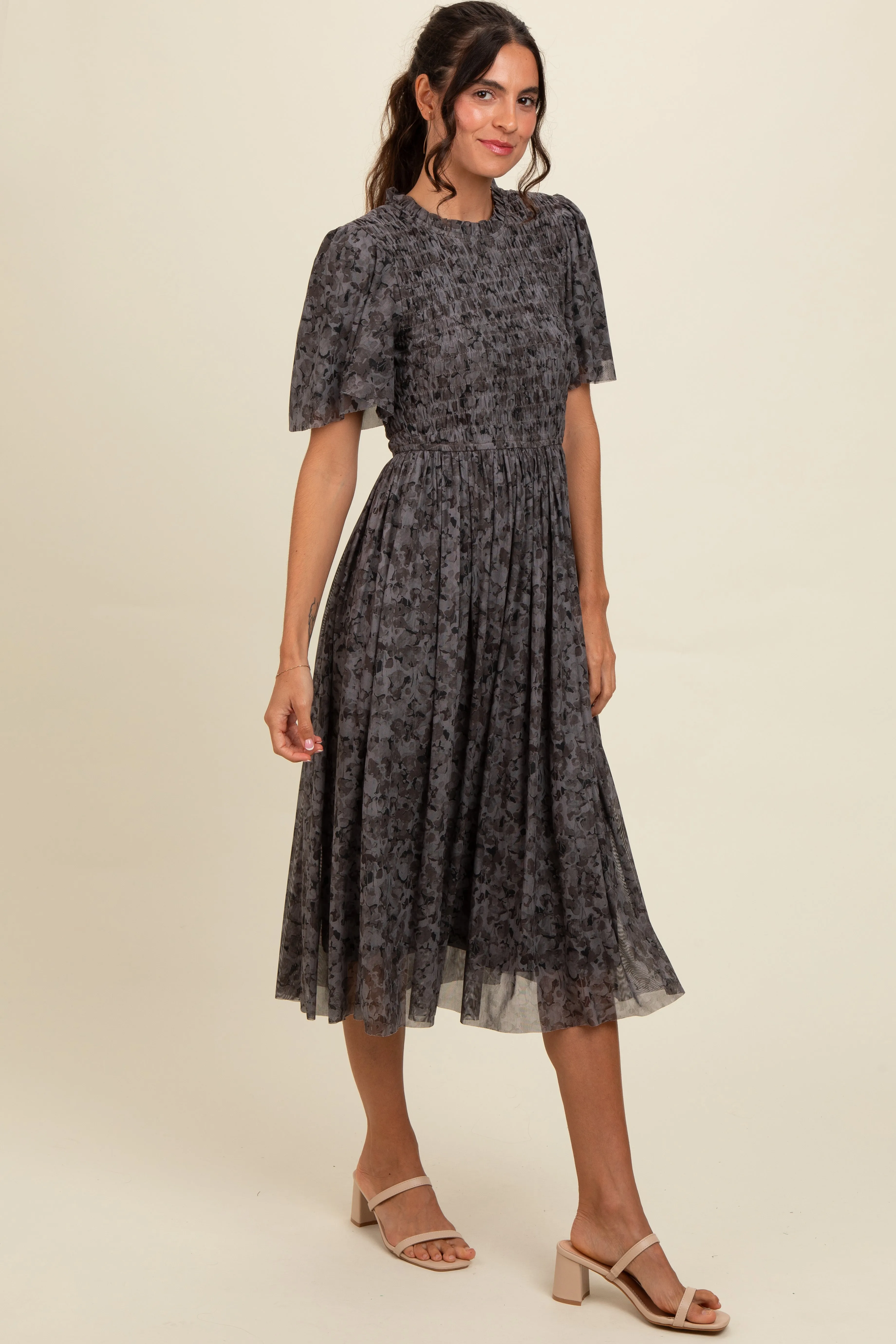 Grey Floral Smocked Midi Dress sold by Pinkblush