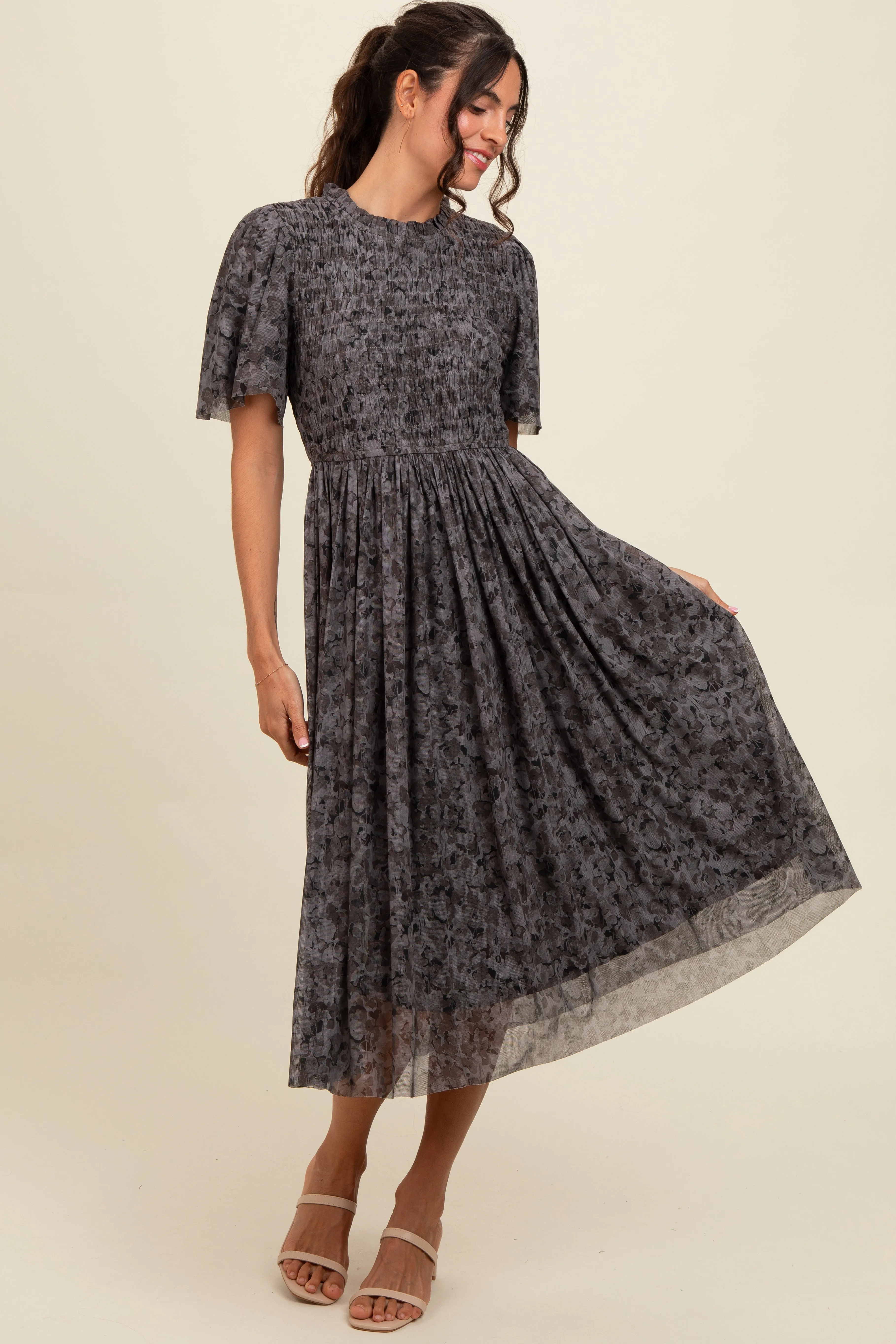 Grey Floral Smocked Midi Dress sold by Pinkblush product image thumbnail 2