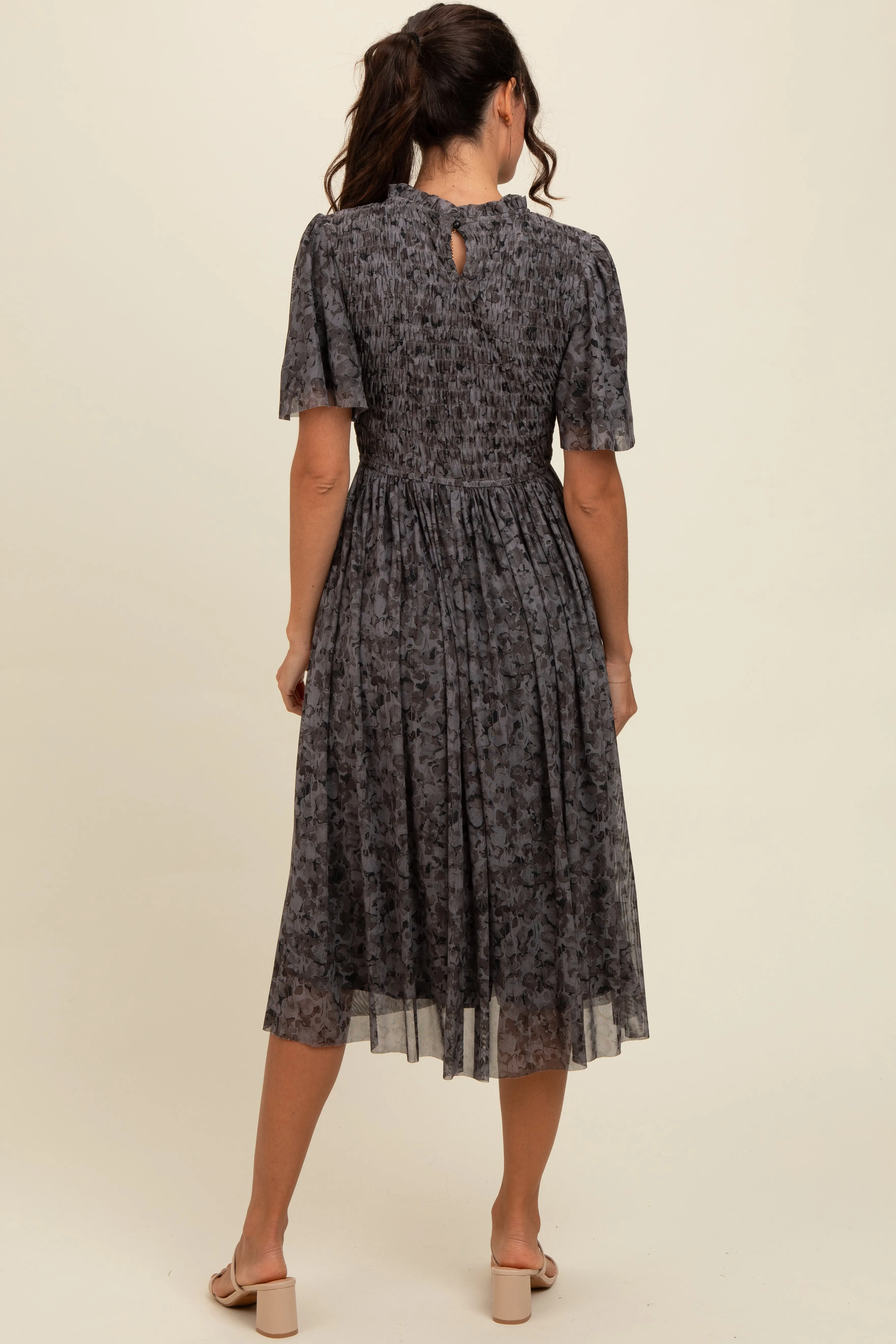 Grey Floral Smocked Midi Dress sold by Pinkblush product image thumbnail 3