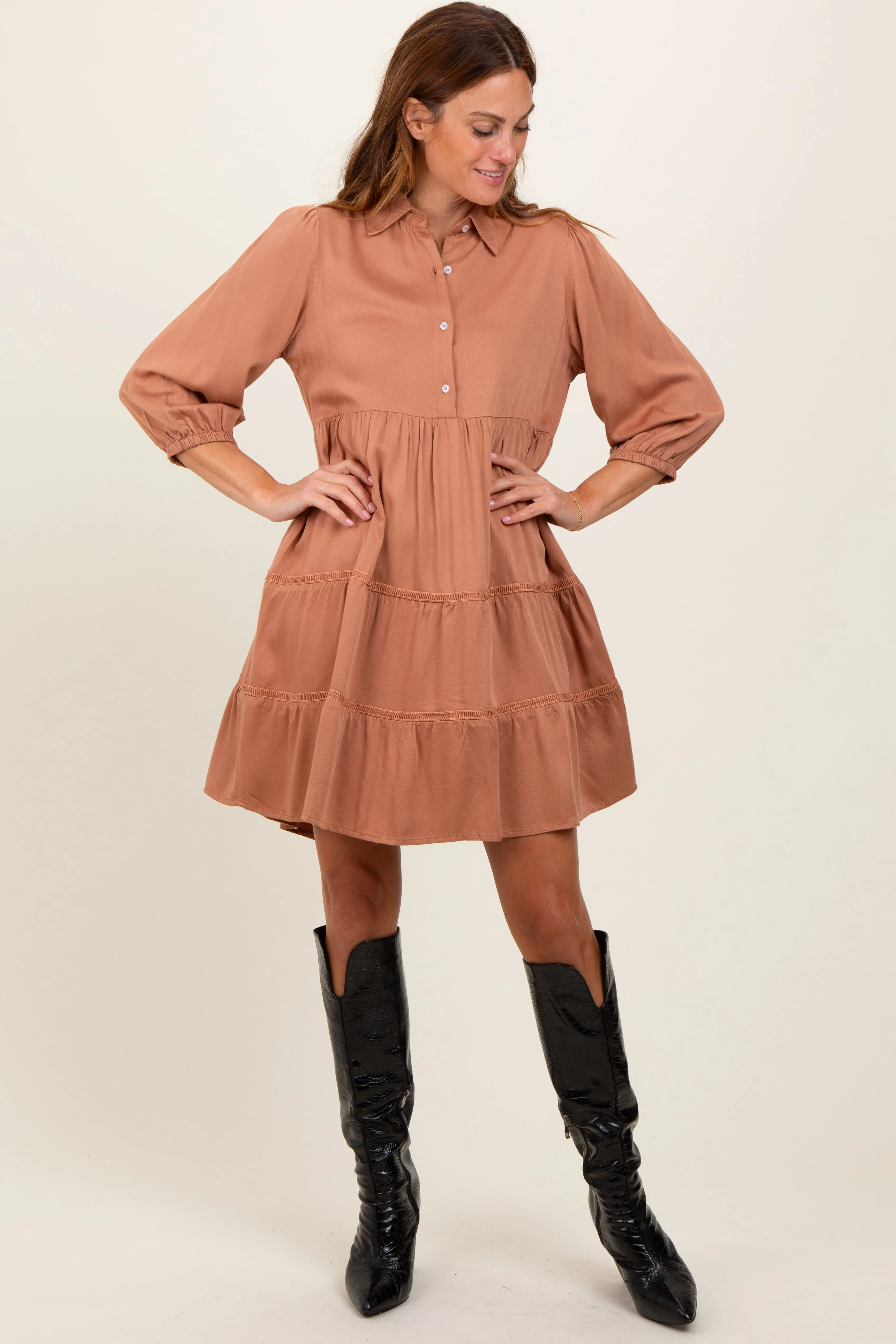 Camel Collared Tiered Dress sold by Pinkblush product image thumbnail 2