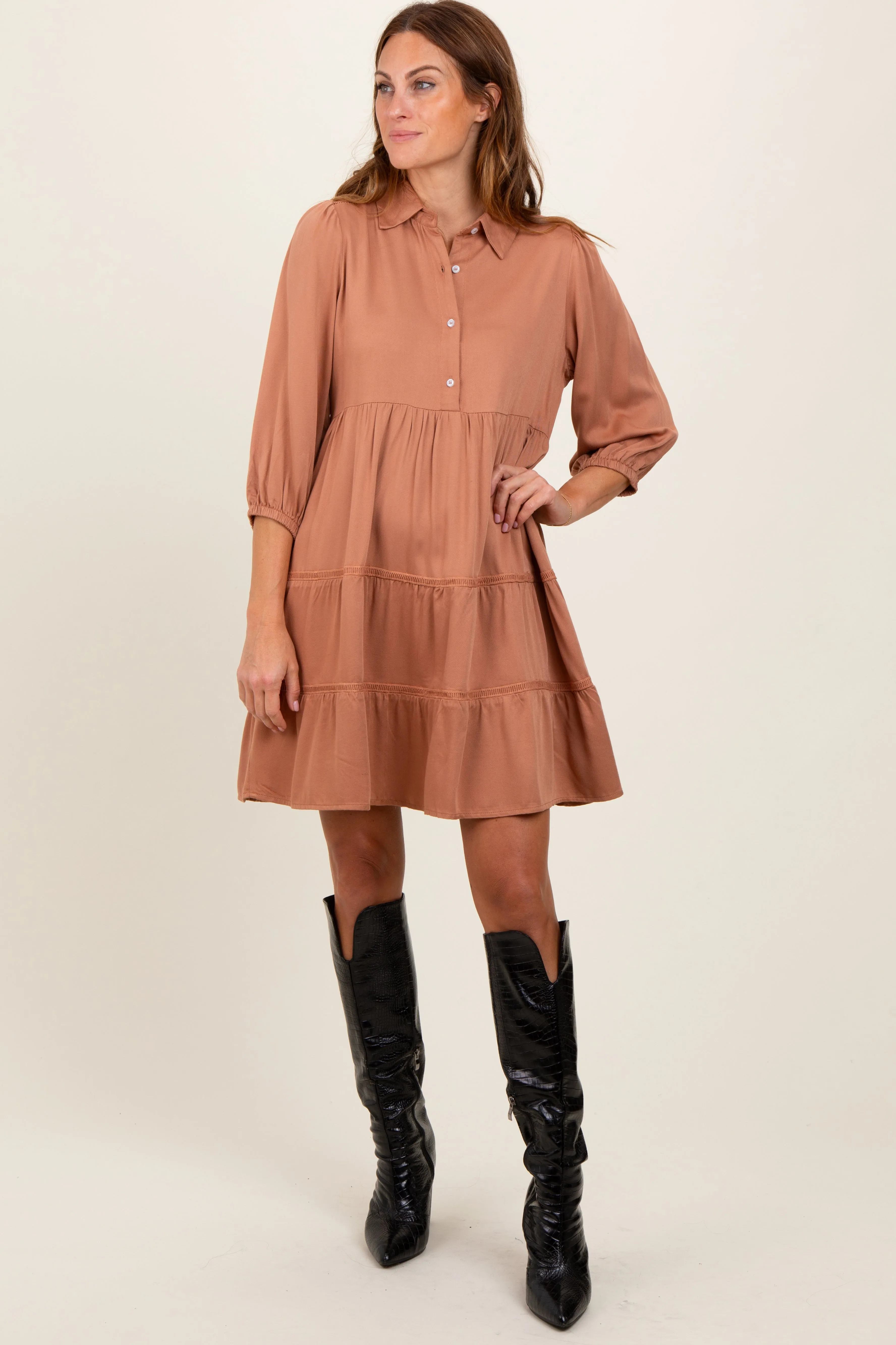 Camel Collared Tiered Dress sold by Pinkblush