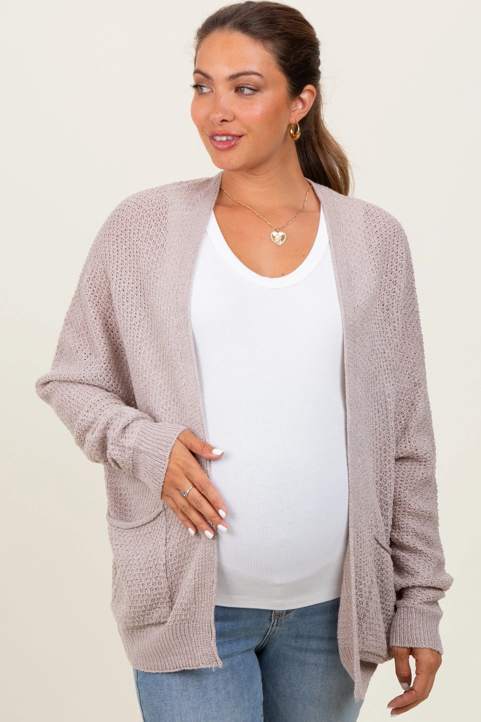 Beige Pocketed Open Maternity Cardigan sold by Pinkblush