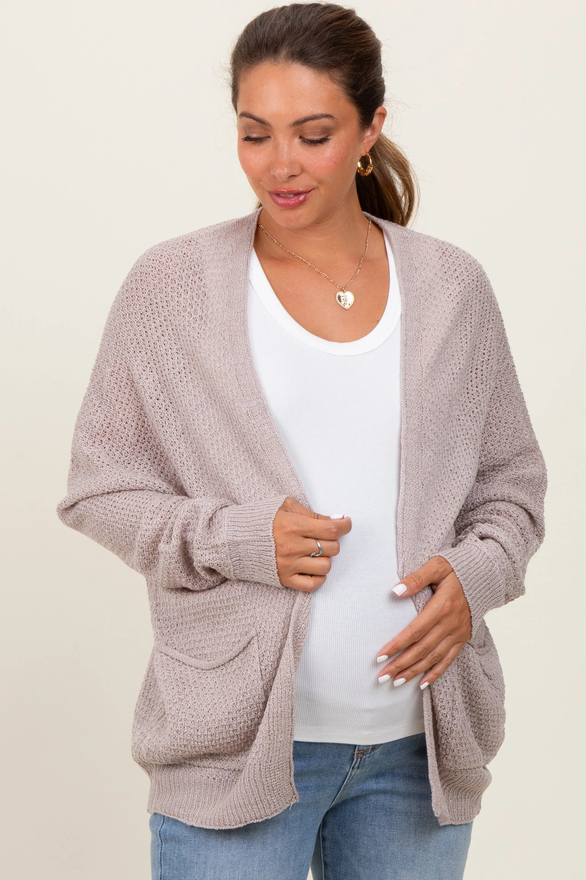 Beige Pocketed Open Maternity Cardigan sold by Pinkblush product image thumbnail 2
