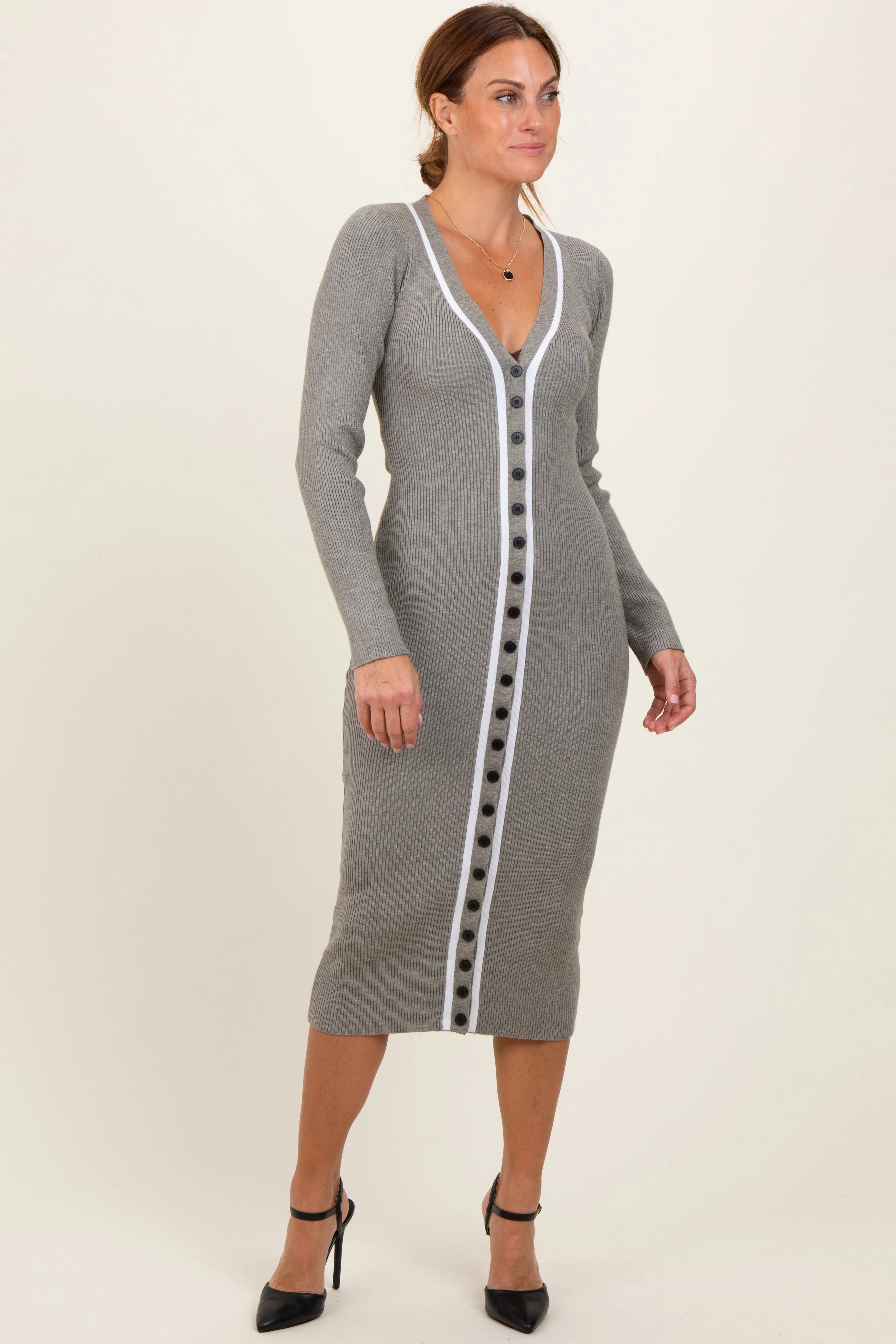 Charcoal Knit Contrast Stripe Button Down Dress sold by Pinkblush product image thumbnail 2