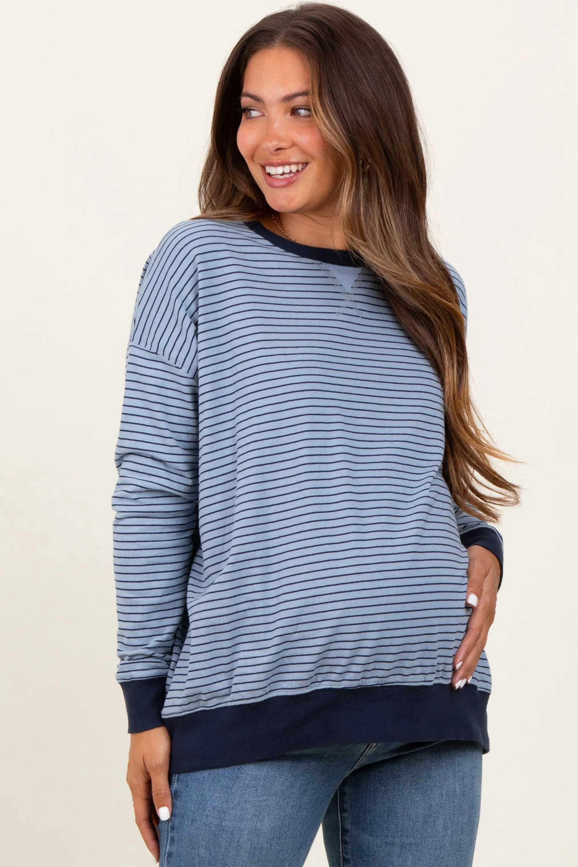 Blue Striped Oversized Crewneck Maternity Pullover sold by Pinkblush
