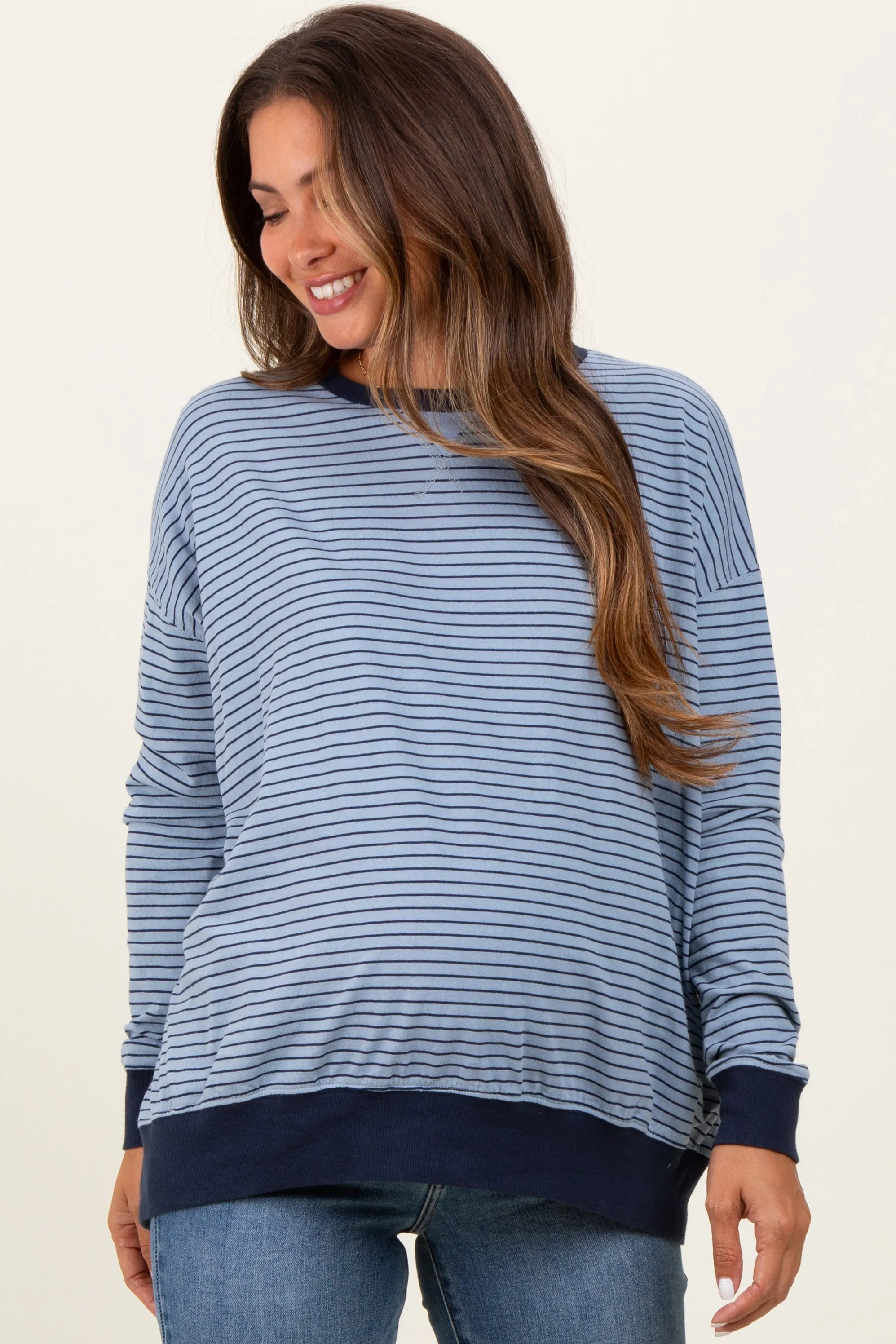 Blue Striped Oversized Crewneck Maternity Pullover sold by Pinkblush product image thumbnail 2
