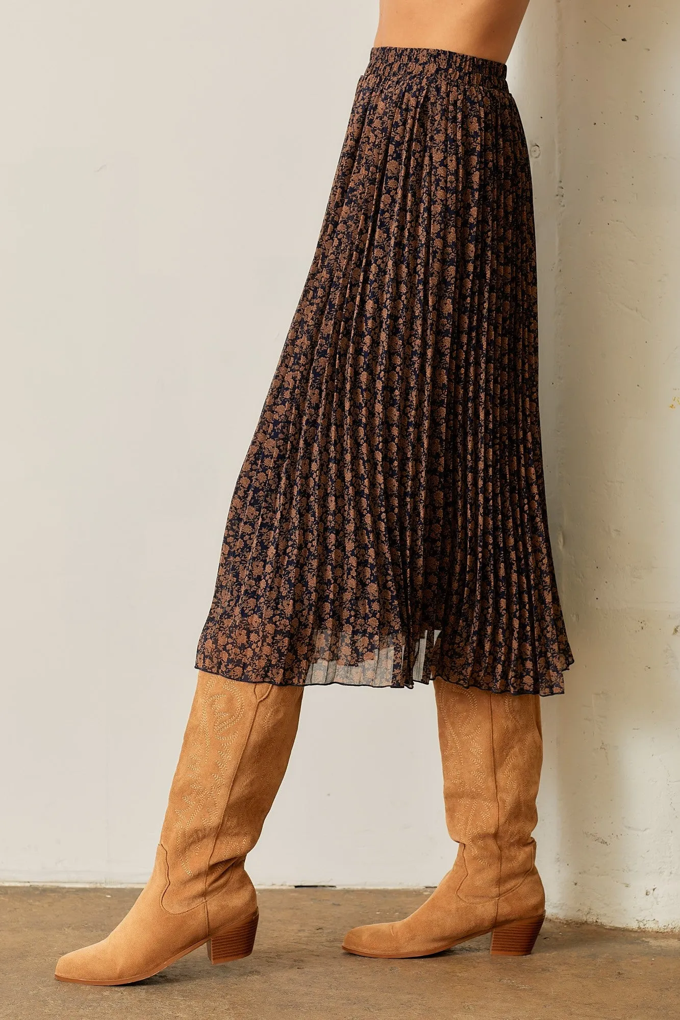 Navy Blue Floral Print Chiffon Pleated Midi Skirt sold by Pinkblush product image thumbnail 5