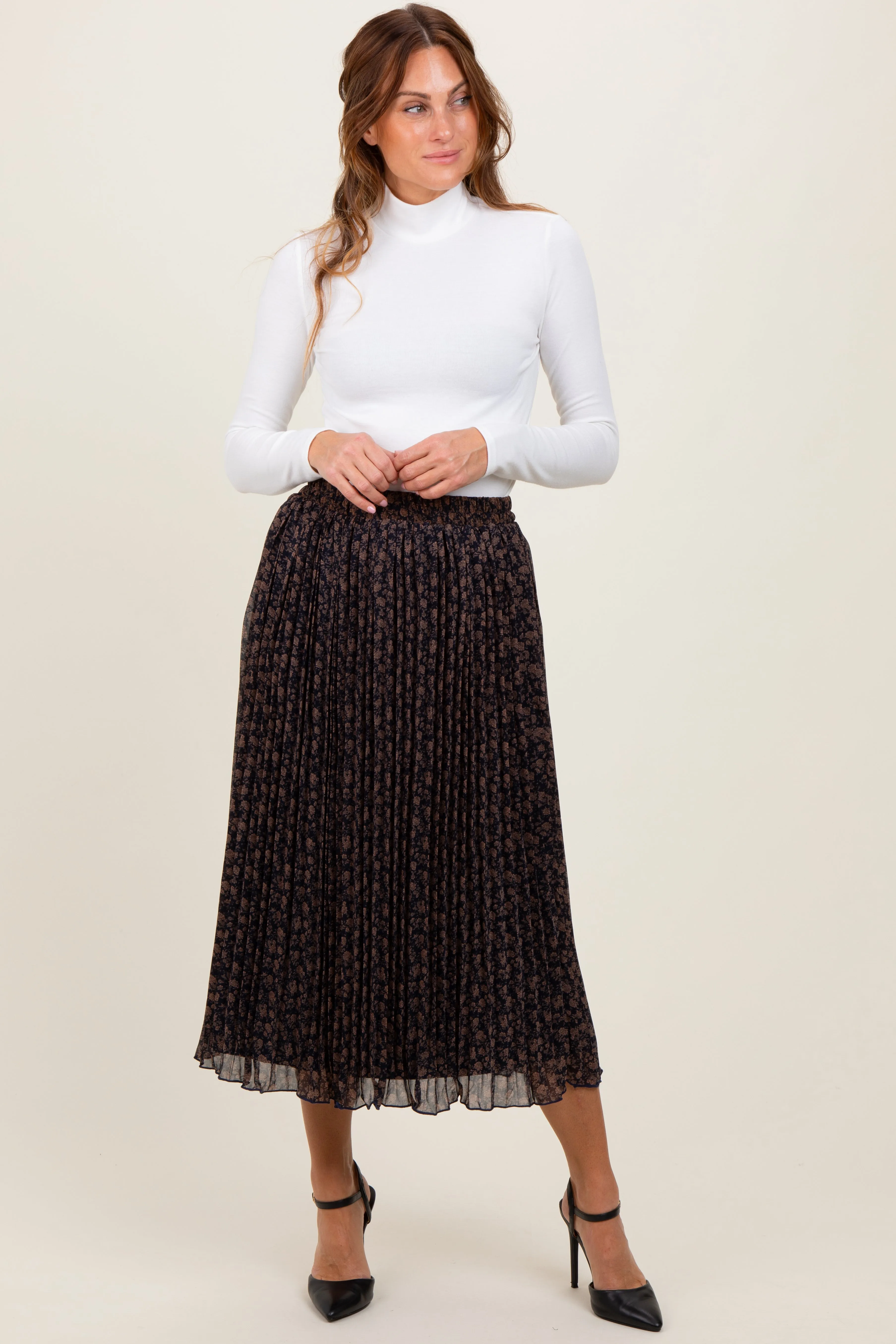 Navy Blue Floral Print Chiffon Pleated Midi Skirt sold by Pinkblush product image thumbnail 2