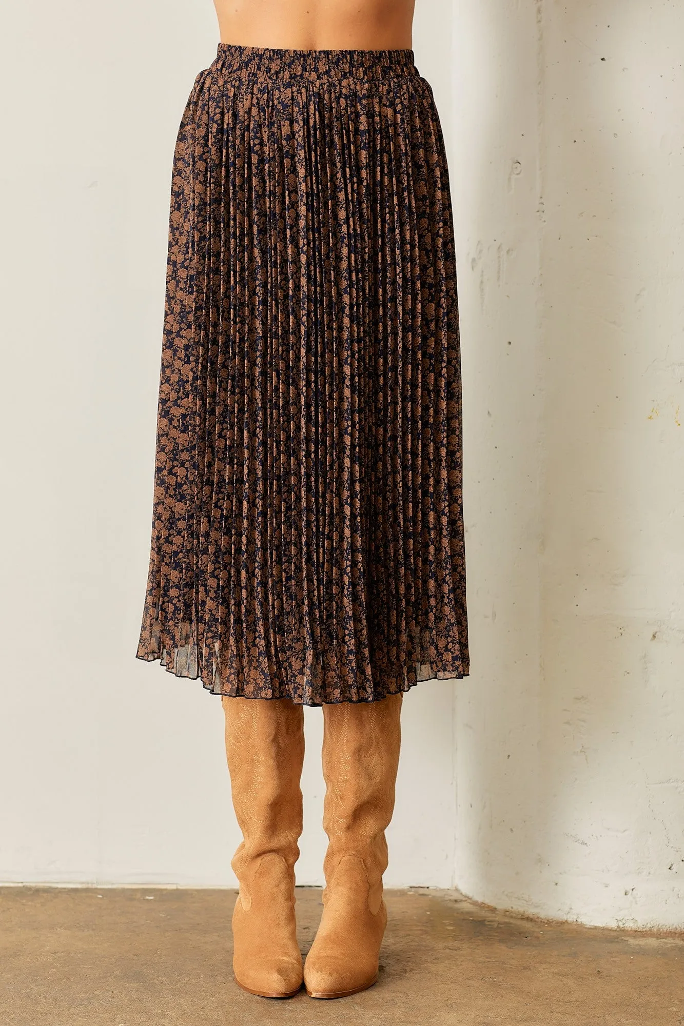 Navy Blue Floral Print Chiffon Pleated Midi Skirt sold by Pinkblush product image thumbnail 4