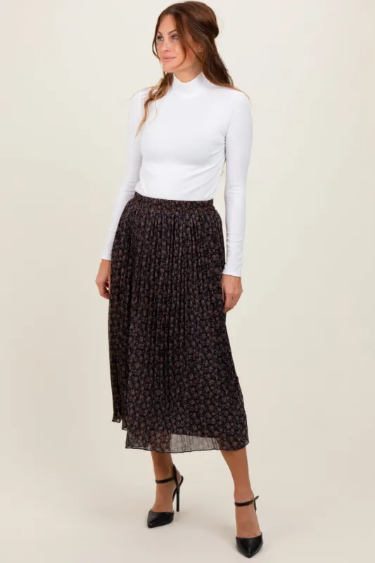 Navy Blue Floral Print Chiffon Pleated Midi Skirt sold by Pinkblush