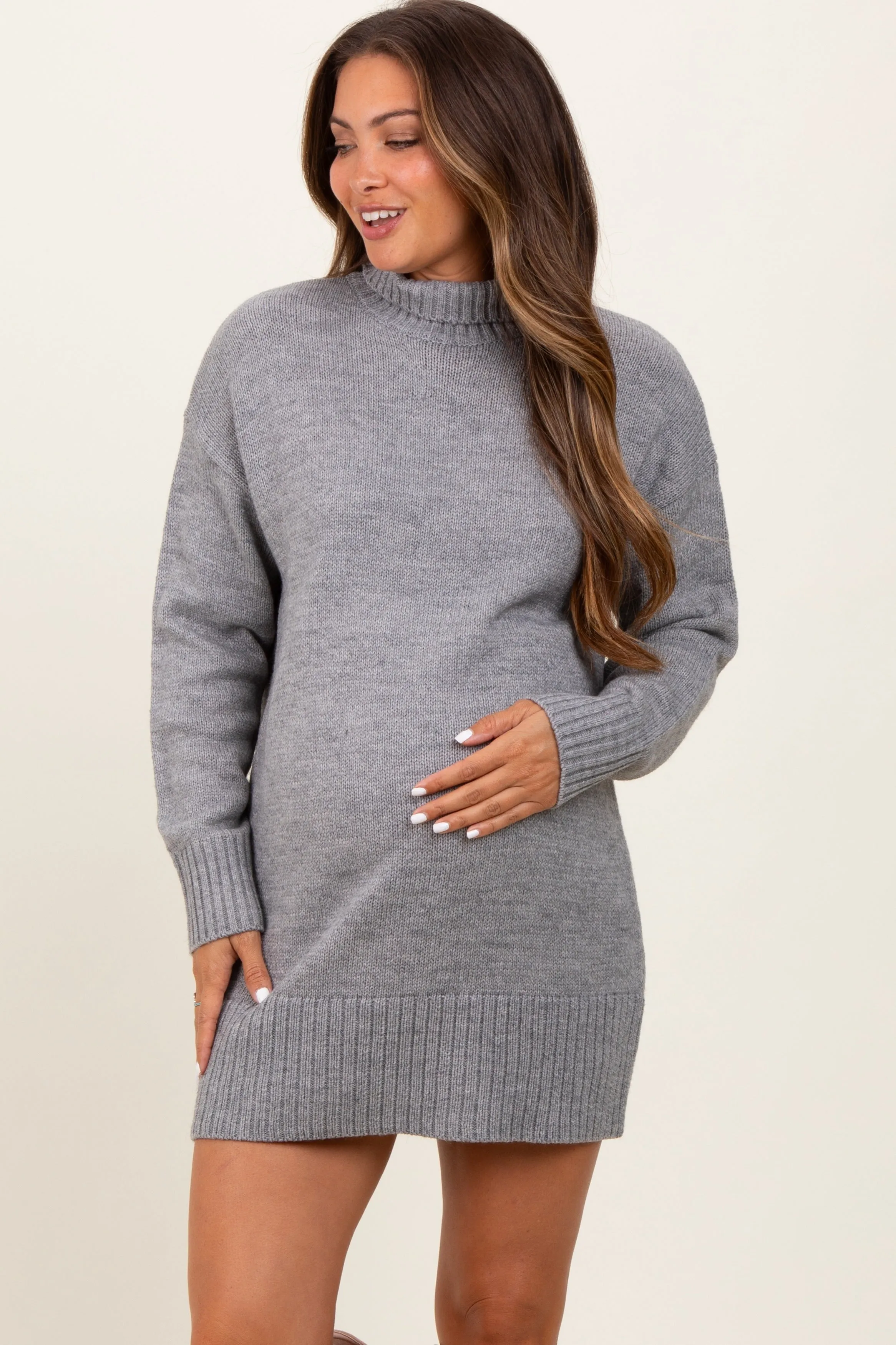 Heather Grey Turtle Neck Maternity Mini Sweater Dress sold by Pinkblush