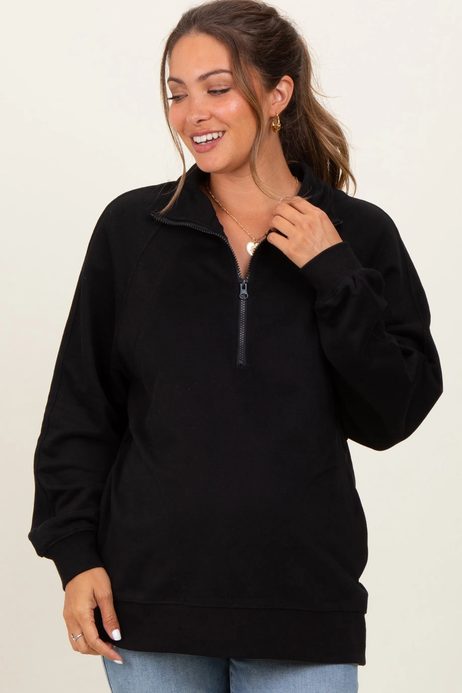 Black Half Zip Contrast Rib Sweatshirt Maternity Top sold by Pinkblush