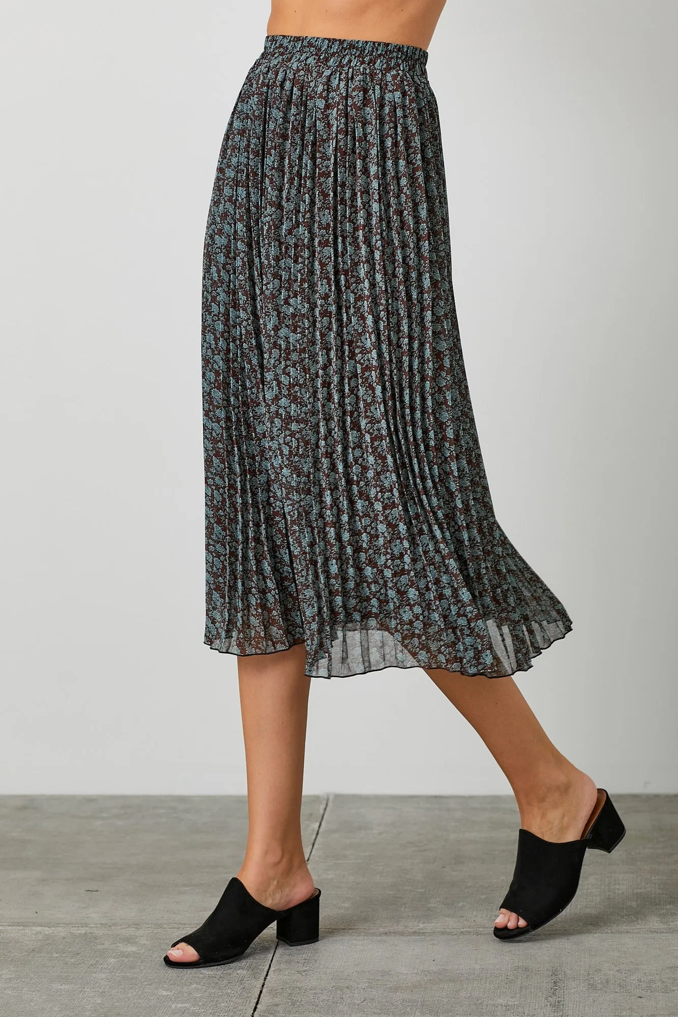 Brown Floral Print Chiffon Pleated Midi Skirt sold by Pinkblush product image thumbnail 5