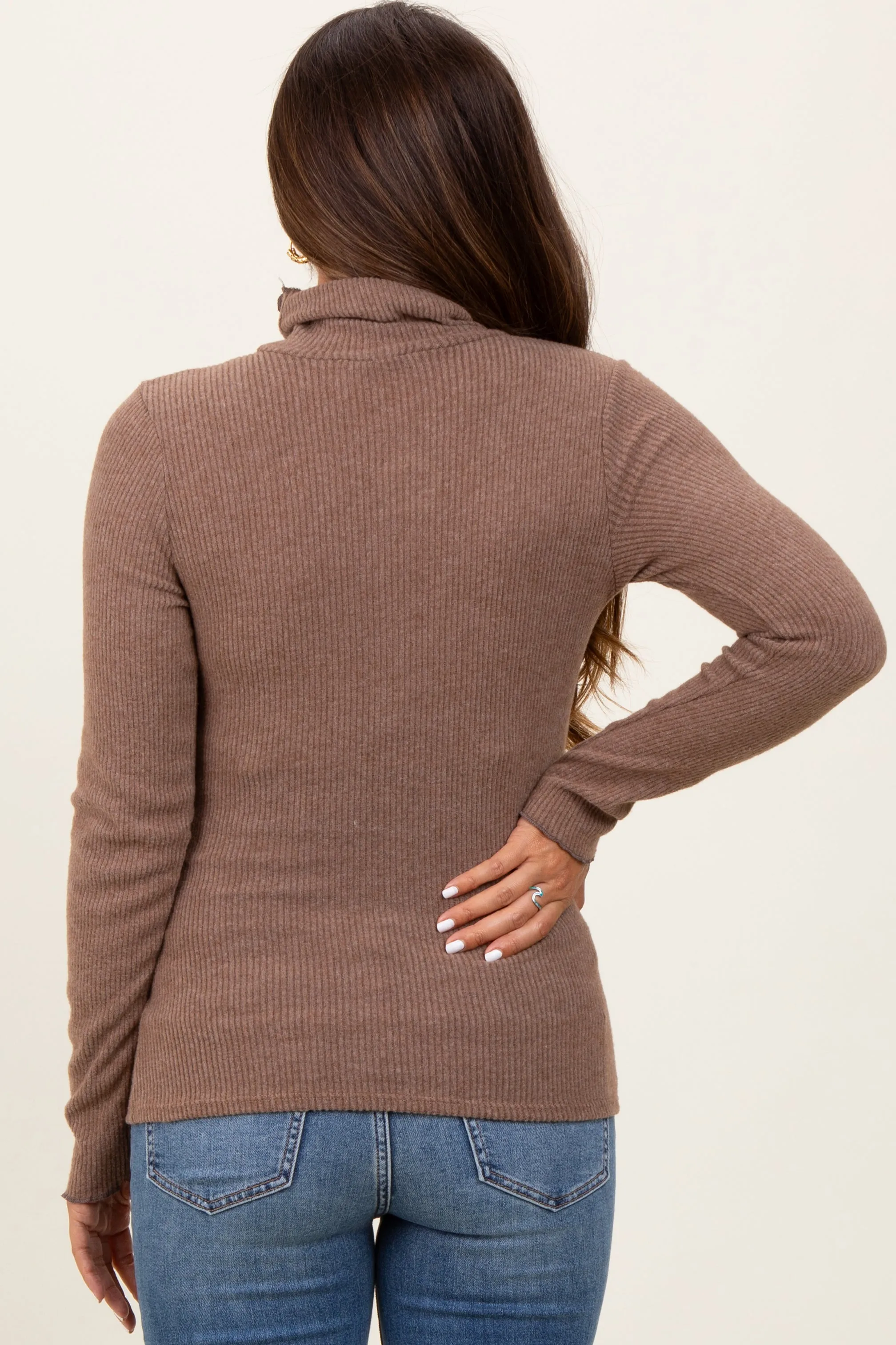 Mocha Ribbed Knit Ruffle Edge Turtleneck Maternity Top sold by Pinkblush product image thumbnail 3