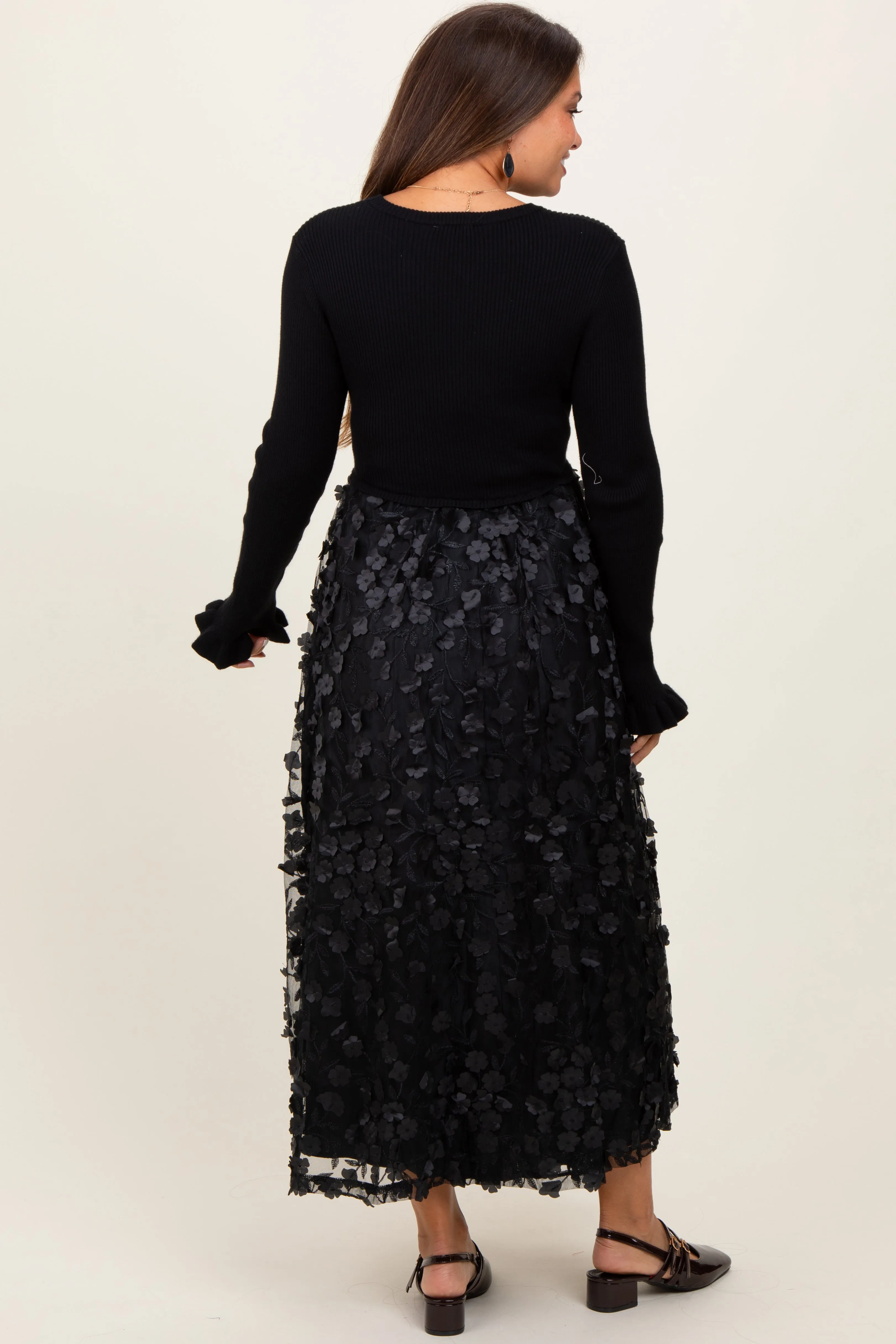 Black Floral Applique Contrast Skirt Maternity Midi Dress sold by Pinkblush product image thumbnail 4