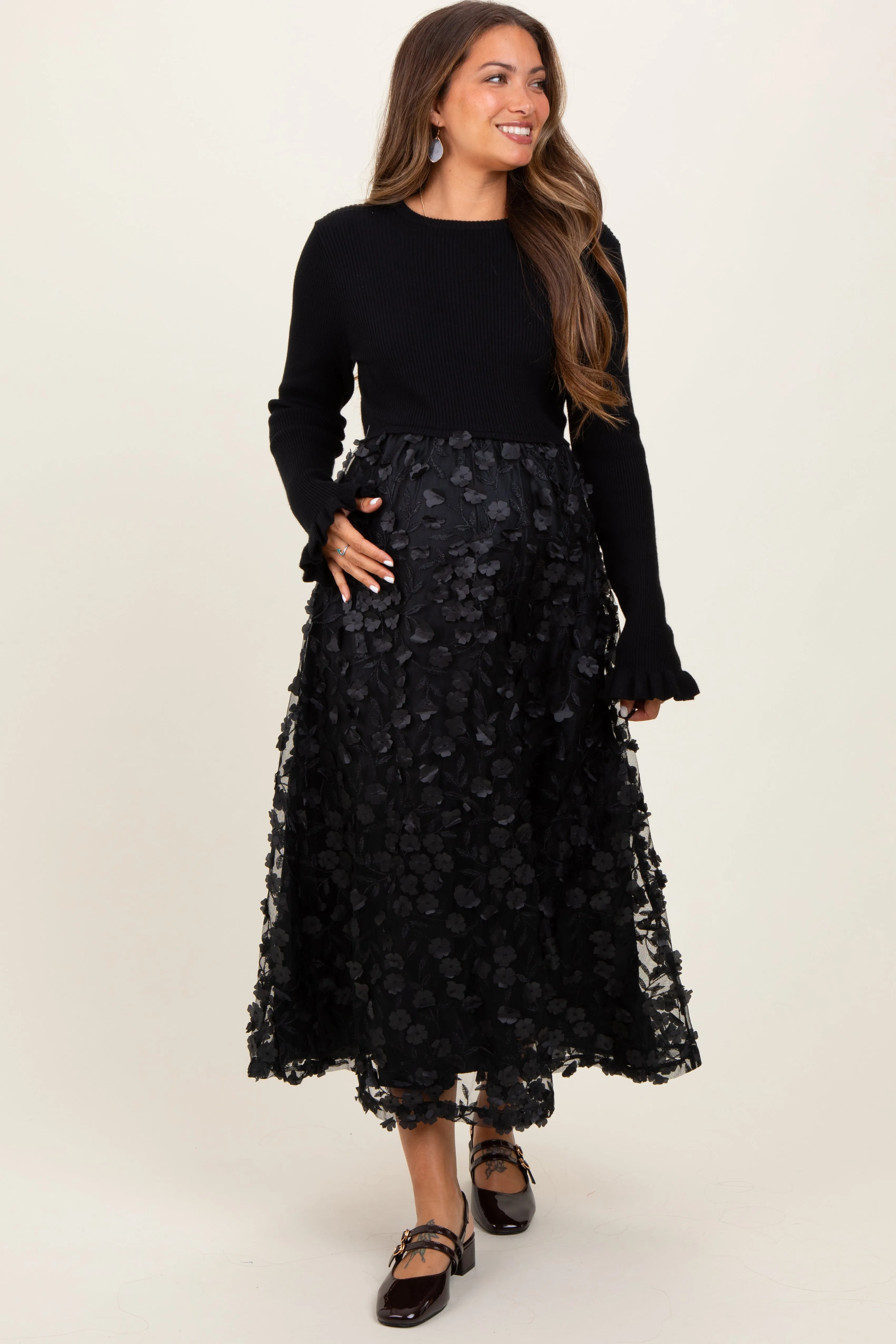 Black Floral Applique Contrast Skirt Maternity Midi Dress sold by Pinkblush