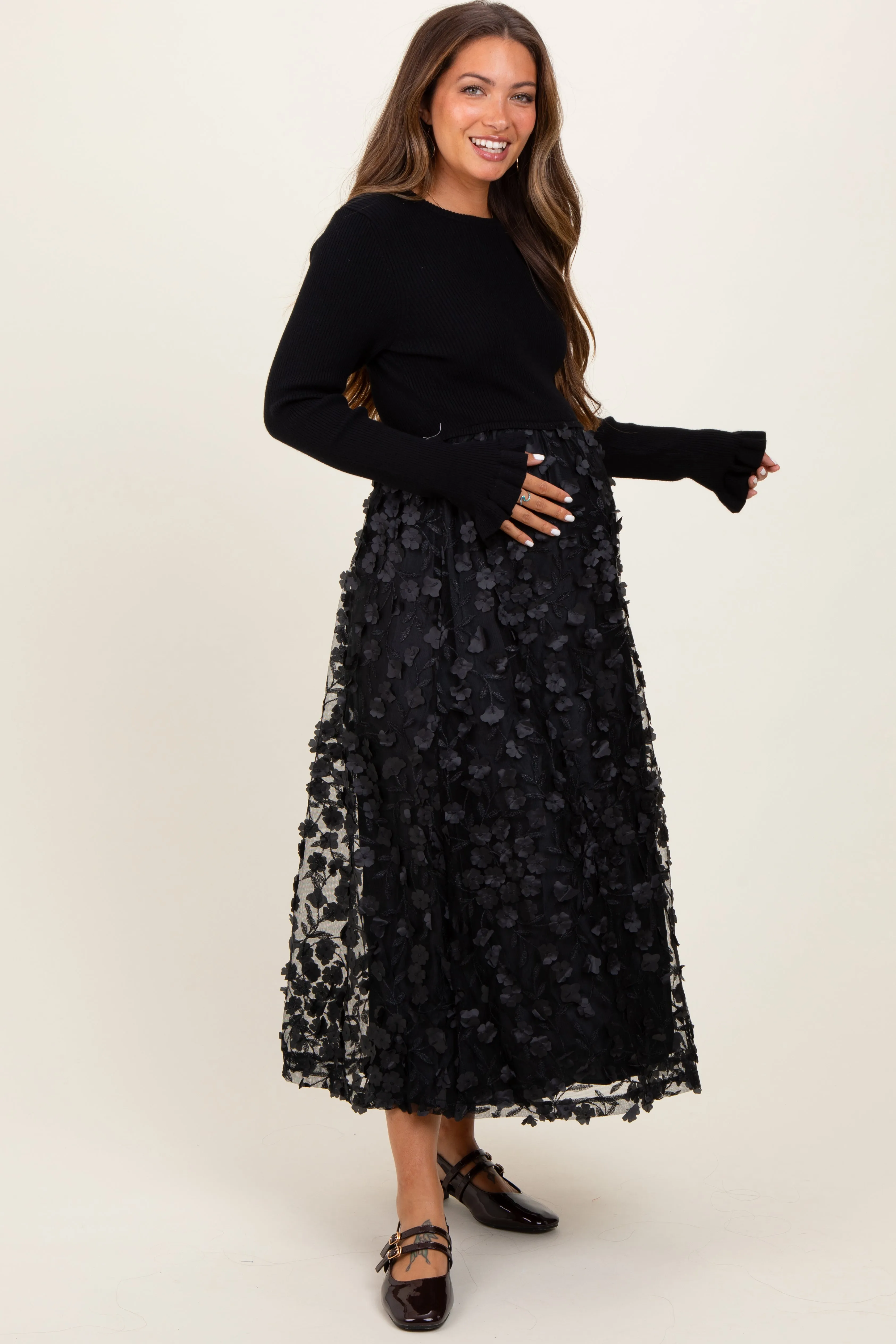 Black Floral Applique Contrast Skirt Maternity Midi Dress sold by Pinkblush product image thumbnail 2