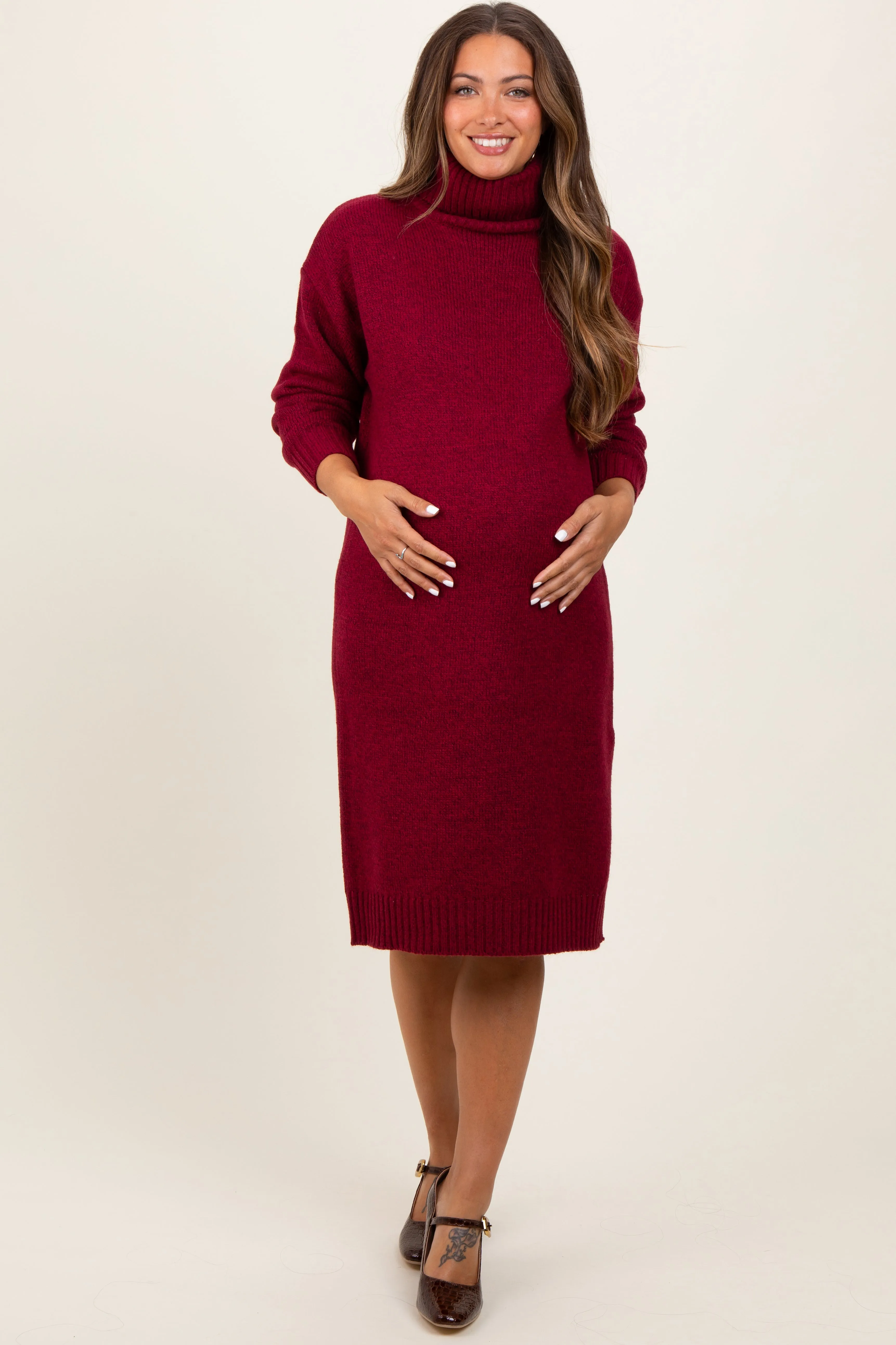 Burgundy Turtleneck Side Slit Maternity Midi Sweater Dress sold by Pinkblush product image thumbnail 3